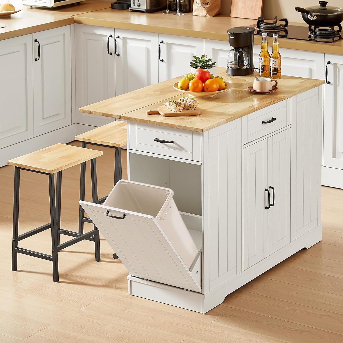 ONBRILL White Kitchen Island Set - Space-Saving, Multi-Functional Design