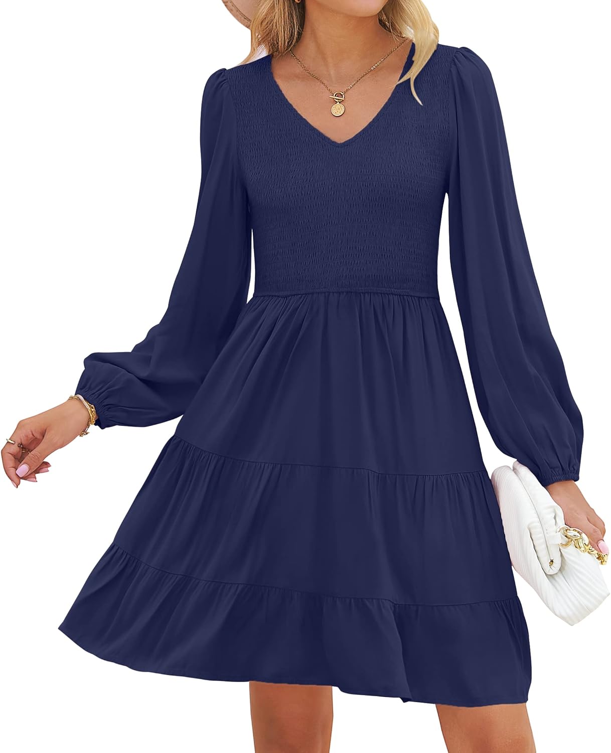 ZESICA Women's Casual V Neck Long Sleeve Ruffle Mini Dress