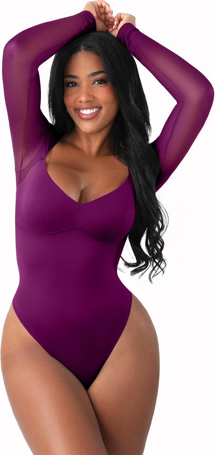 FeelinGirl Long Sleeve Bodysuit for Women with Sexy Mesh Design