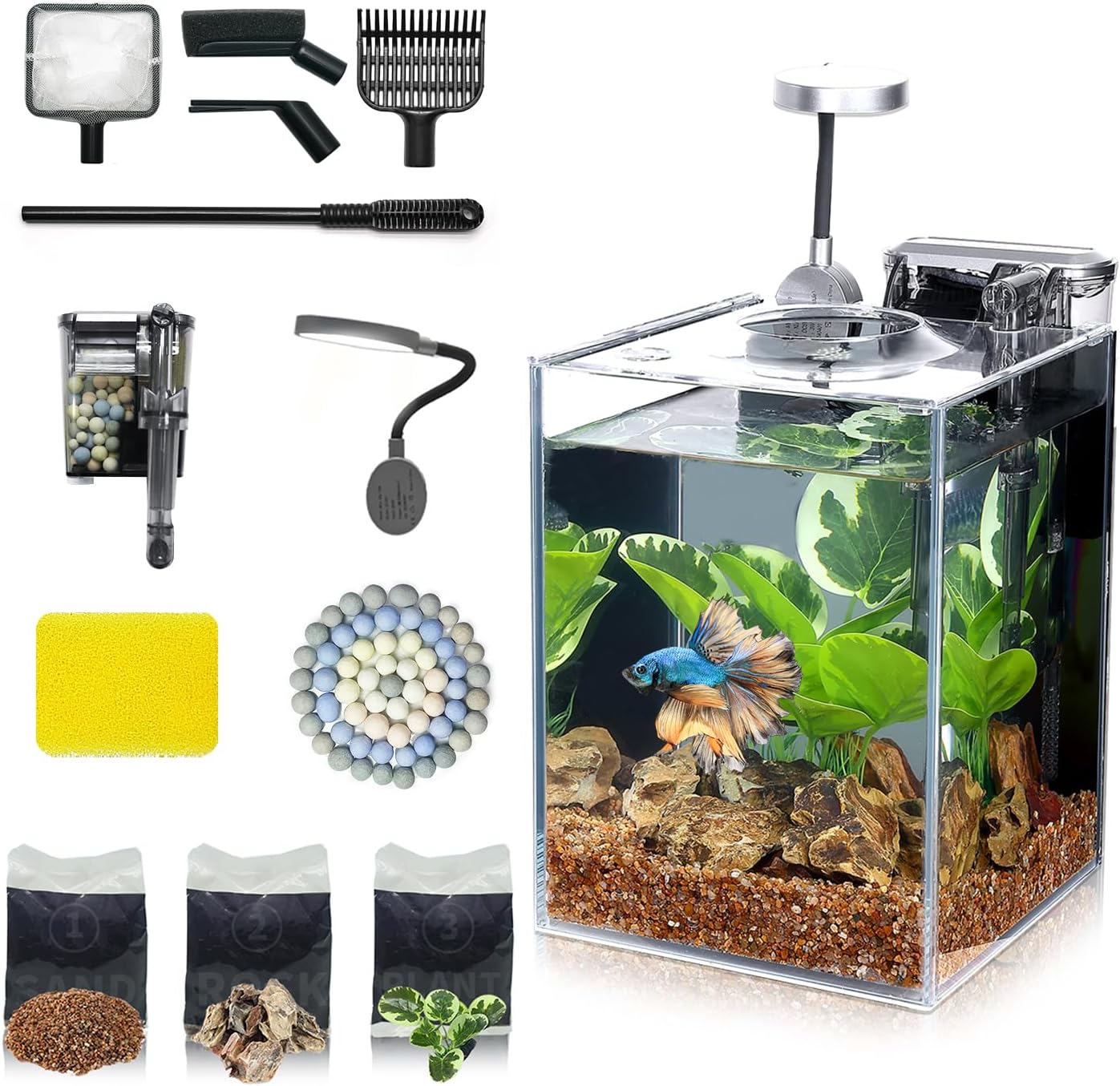 Desktop Betta Small Aquarium Glass Fish Tank Complete Set