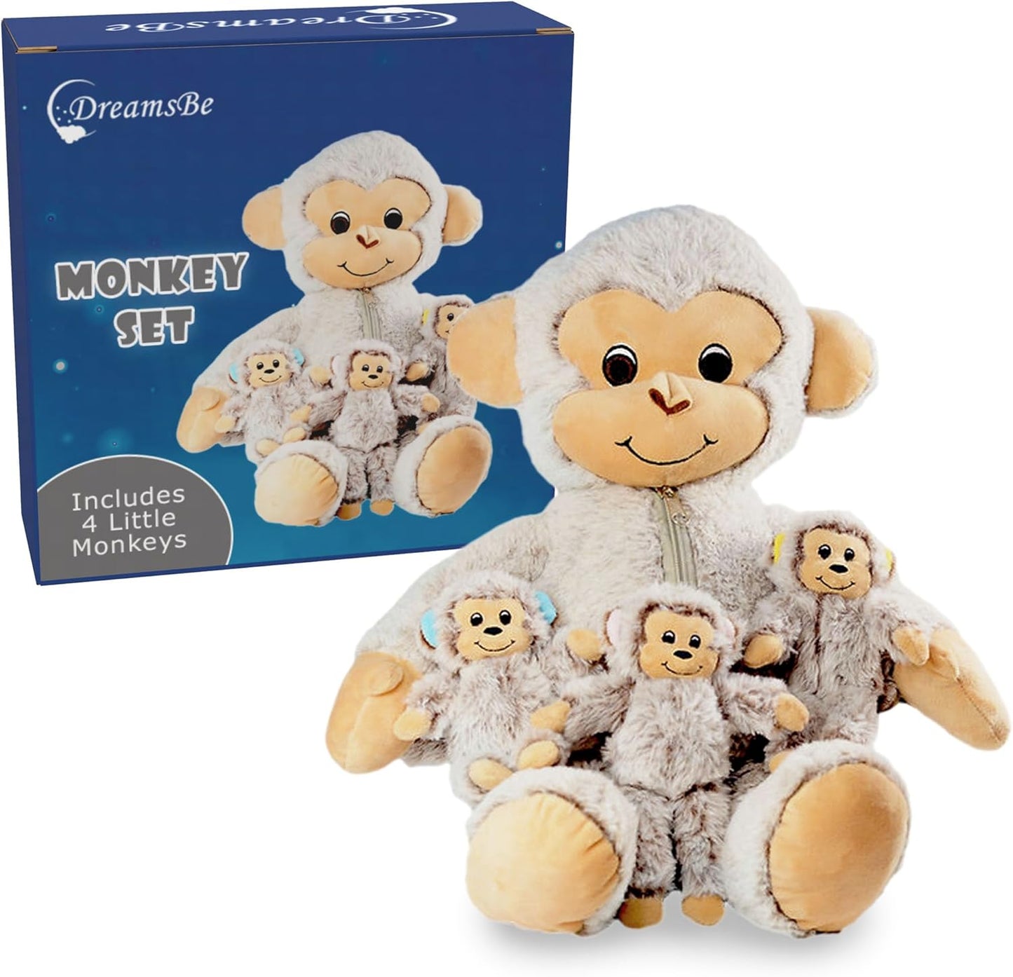 DreamsBe Monkey Stuffed Animal Set with 3 Baby Monkeys for Kids