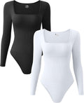 Women's 2 Piece Ribbed Square Neck Long Sleeve Bodysuits - 2 Pack