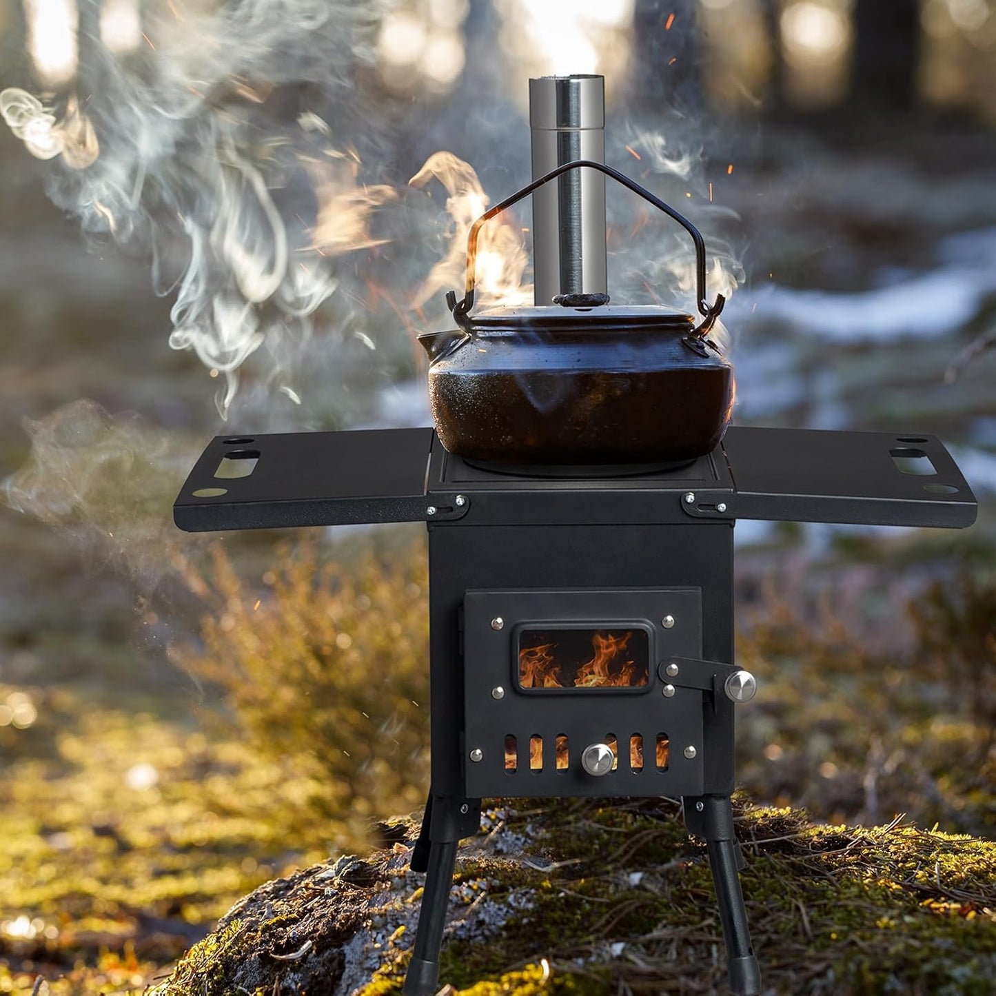 Portable Cast Iron Camping Stove with Chimney Pipes - Outdoor Cooking and Heating