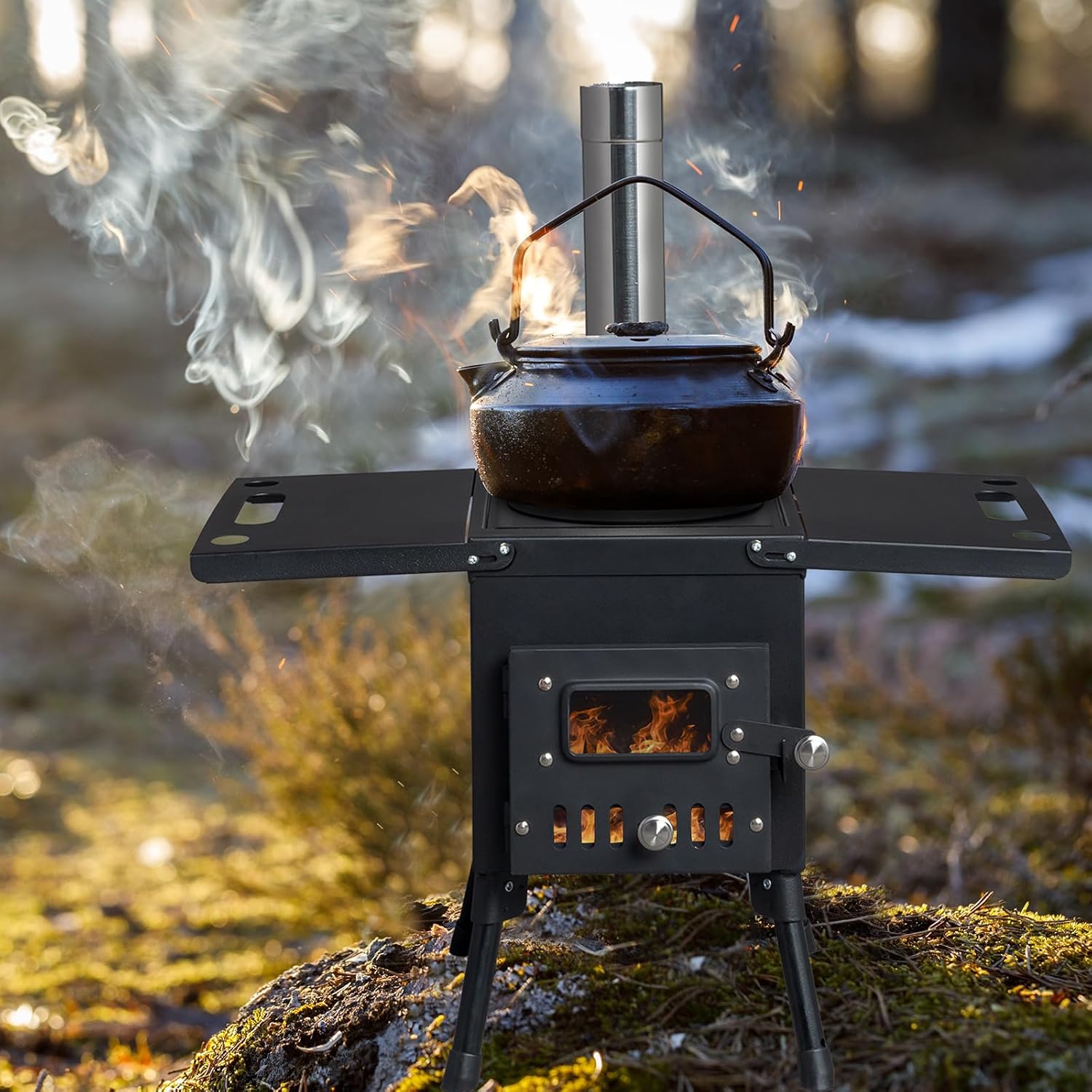 Portable Cast Iron Camping Stove with Chimney Pipes - Outdoor Cooking and Heating