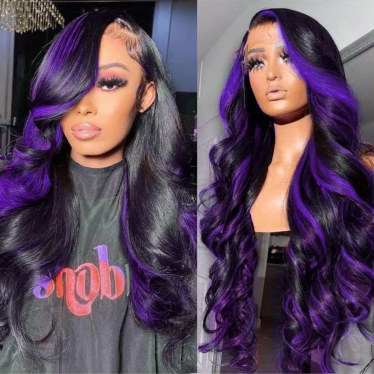 13x6 Highlight Purple Ombre Human Hair Wigs for Women 28in