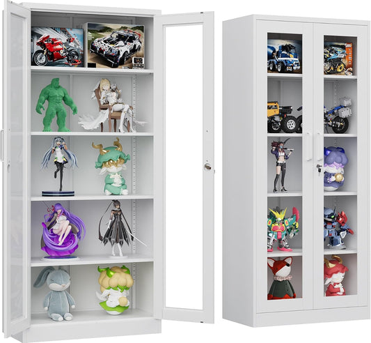 Metal Storage Cabinet with Lock and Glass Doors for Collectibles