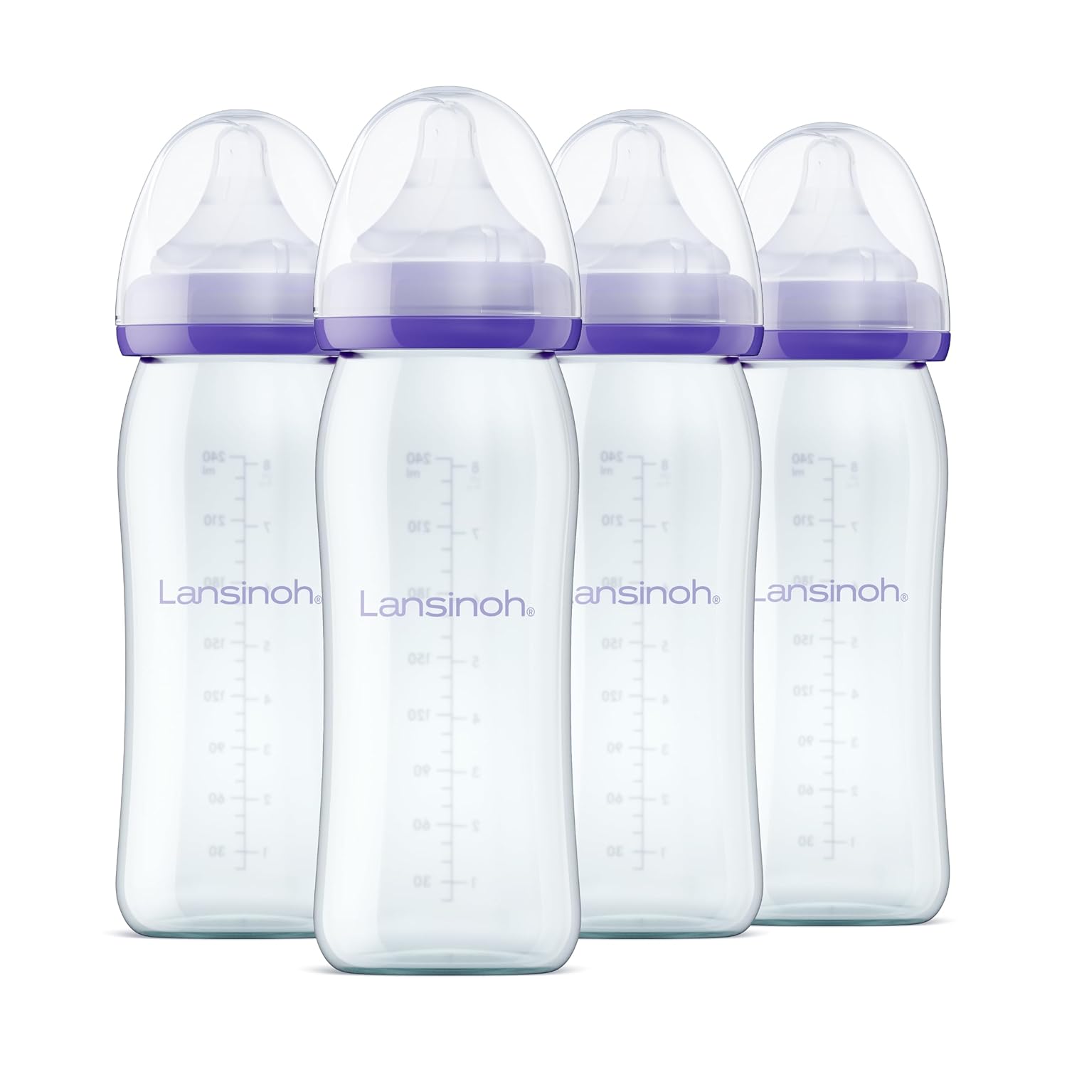 Lansinoh Anti-Colic Glass Bottles, 8oz, 4Pk - Ideal for Breastfeeding Babies