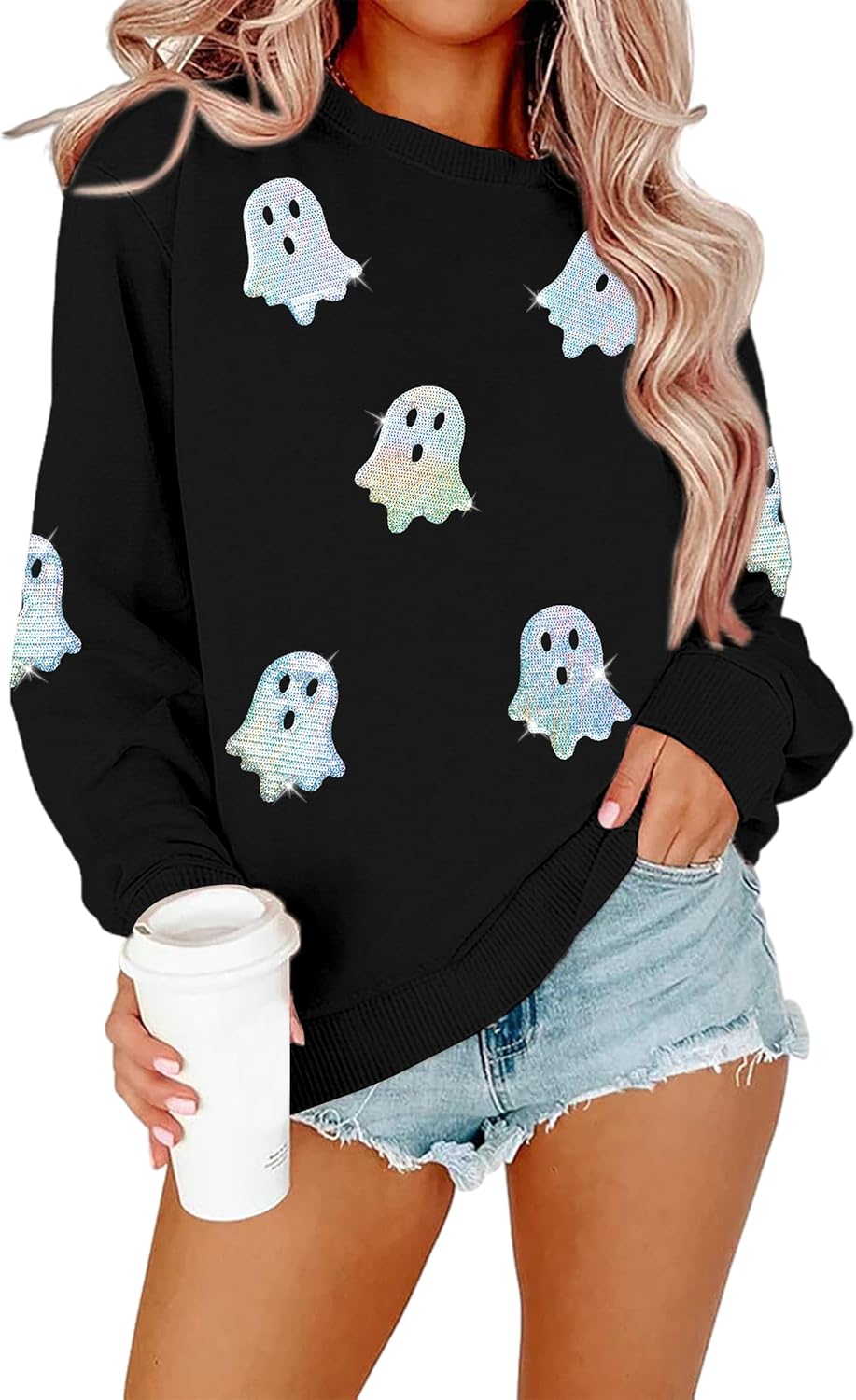 Halloween Sweatshirts Women Colorful Sequin Ghost Graphic Pullover