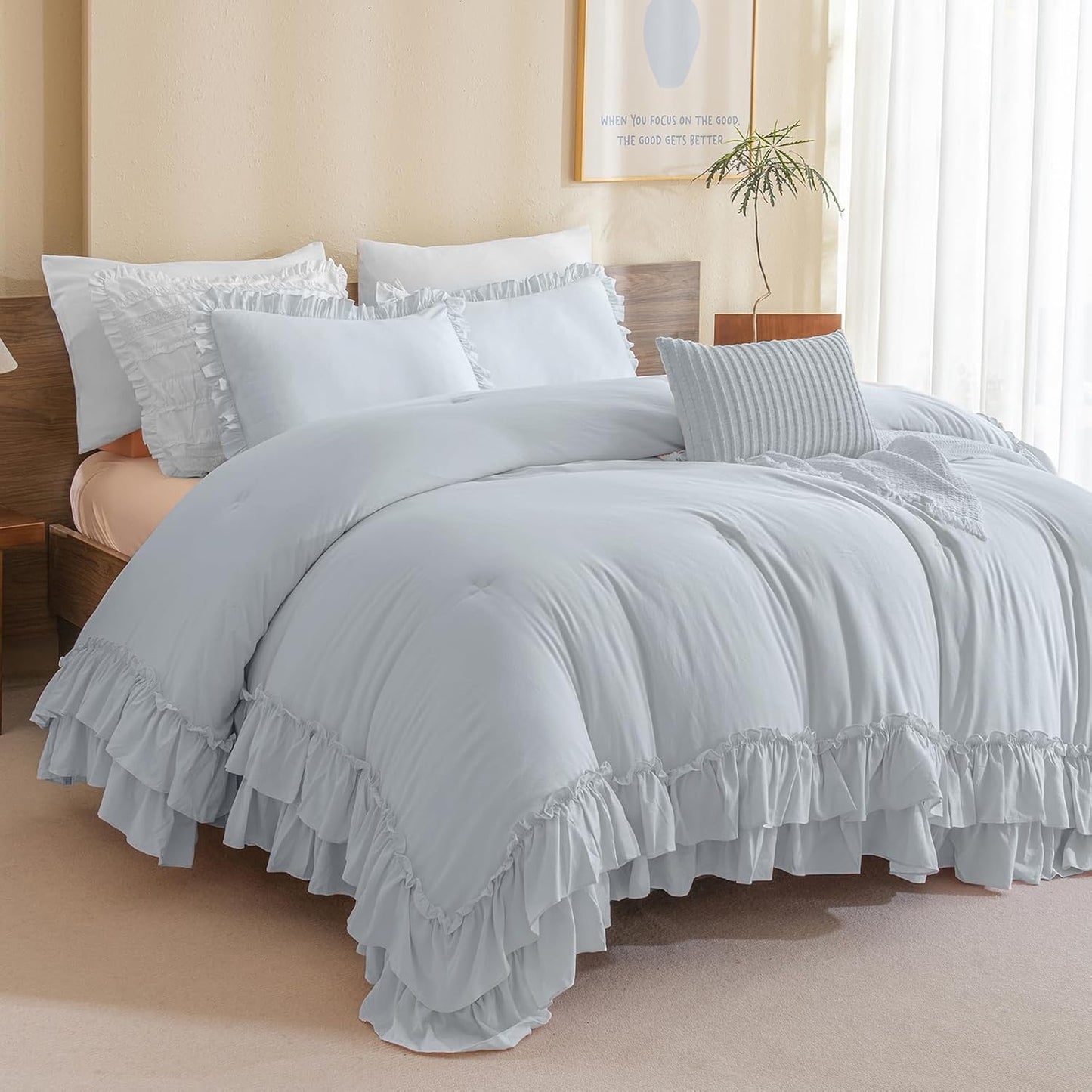 Masaca Twin Comforter Set with Ruffles for Chic Farmhouse Style