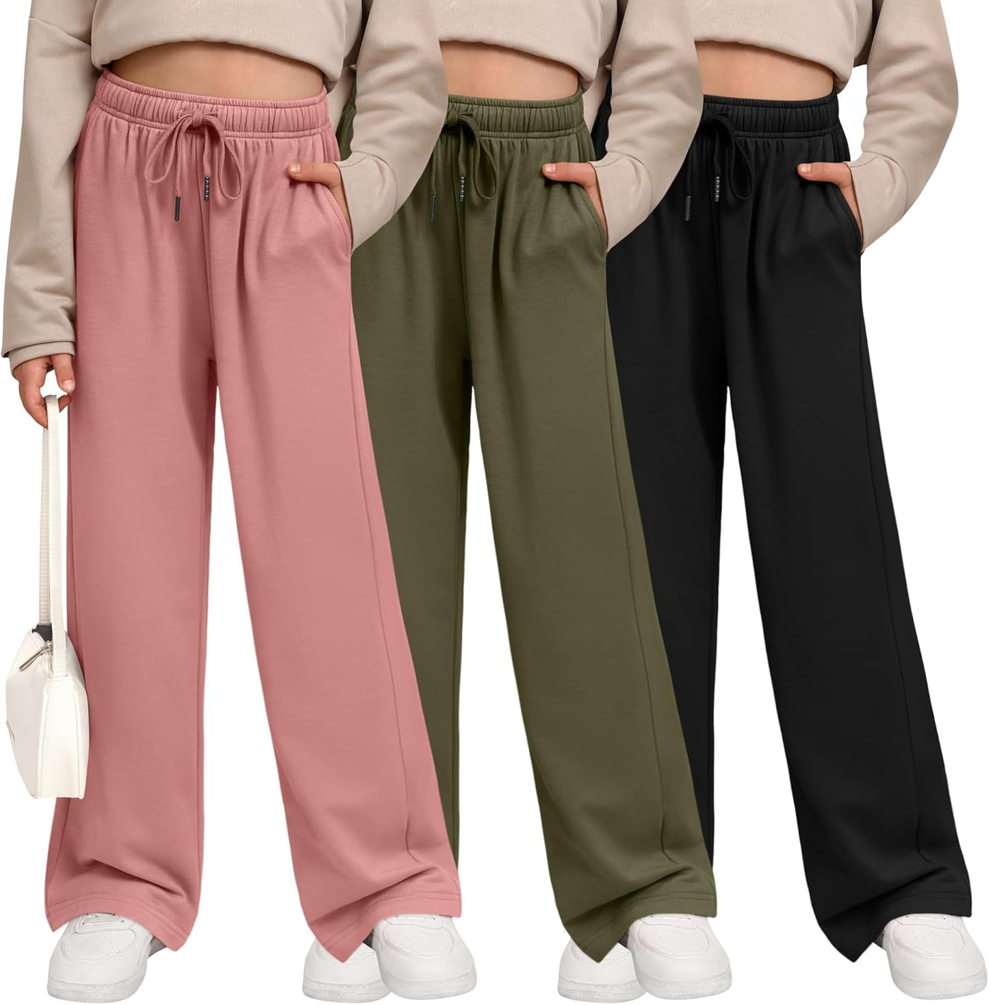 3 Pack Girls' Sweatpants Wide Leg Casual Joggers with Pockets