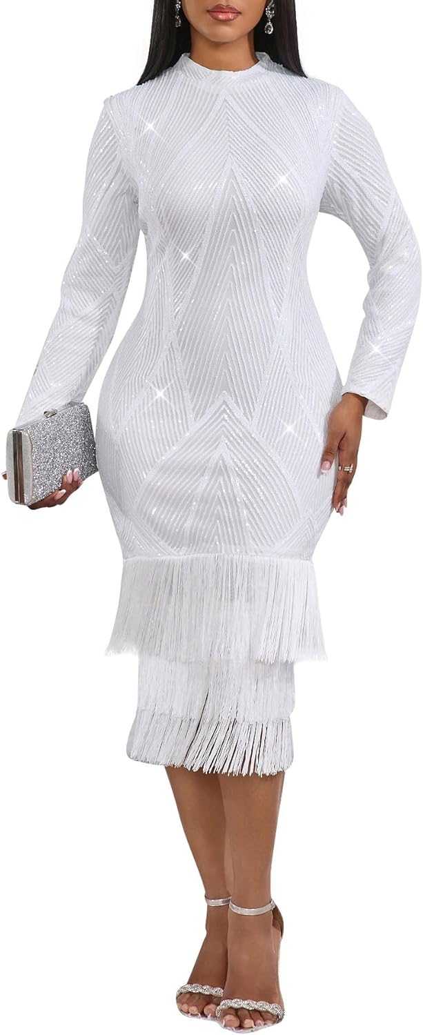 Elegant Women Sequin Short Sleeve Tassel Bodycon Midi Dress