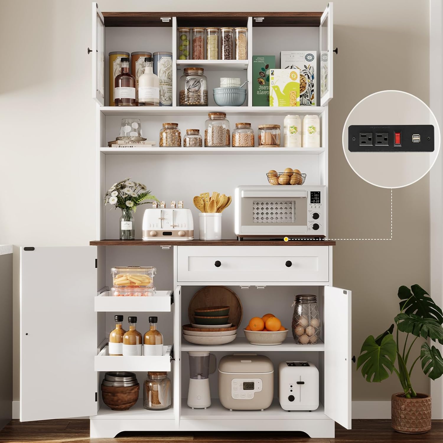 Hasuit Pantry Cabinet: Power Outlet, Adjustable Shelves, Slide Drawers