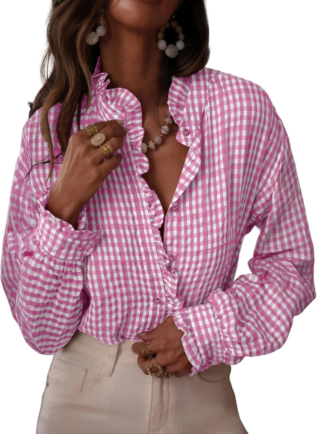 Astylish Womens Plaid Ruffle V Neck Button Down Blouse Tops