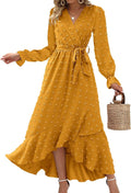 Long Sleeve Maxi Dress V Neck Swiss Dot Boho - Flowy Slit Dress