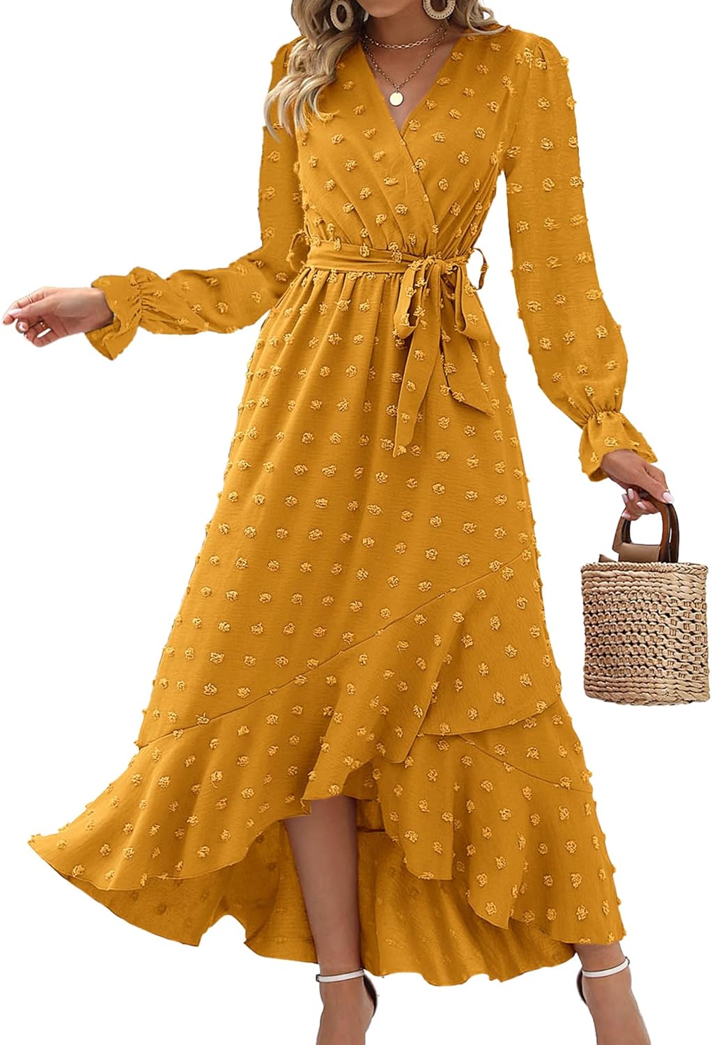 BTFBM Long Sleeve Maxi Dresses for Women with V Neck Design
