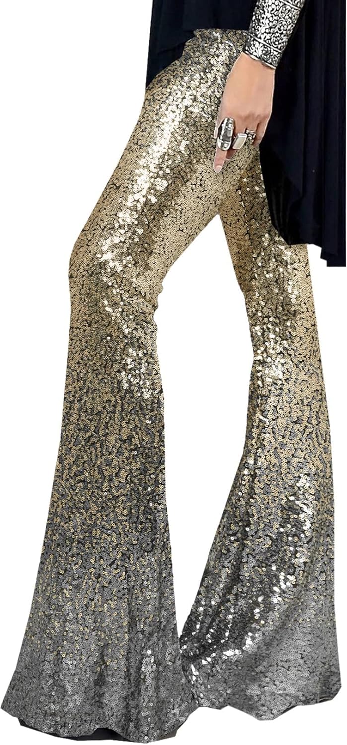 EVALESS Women Sequin Pants Sparkly Glitter High Waisted Flare