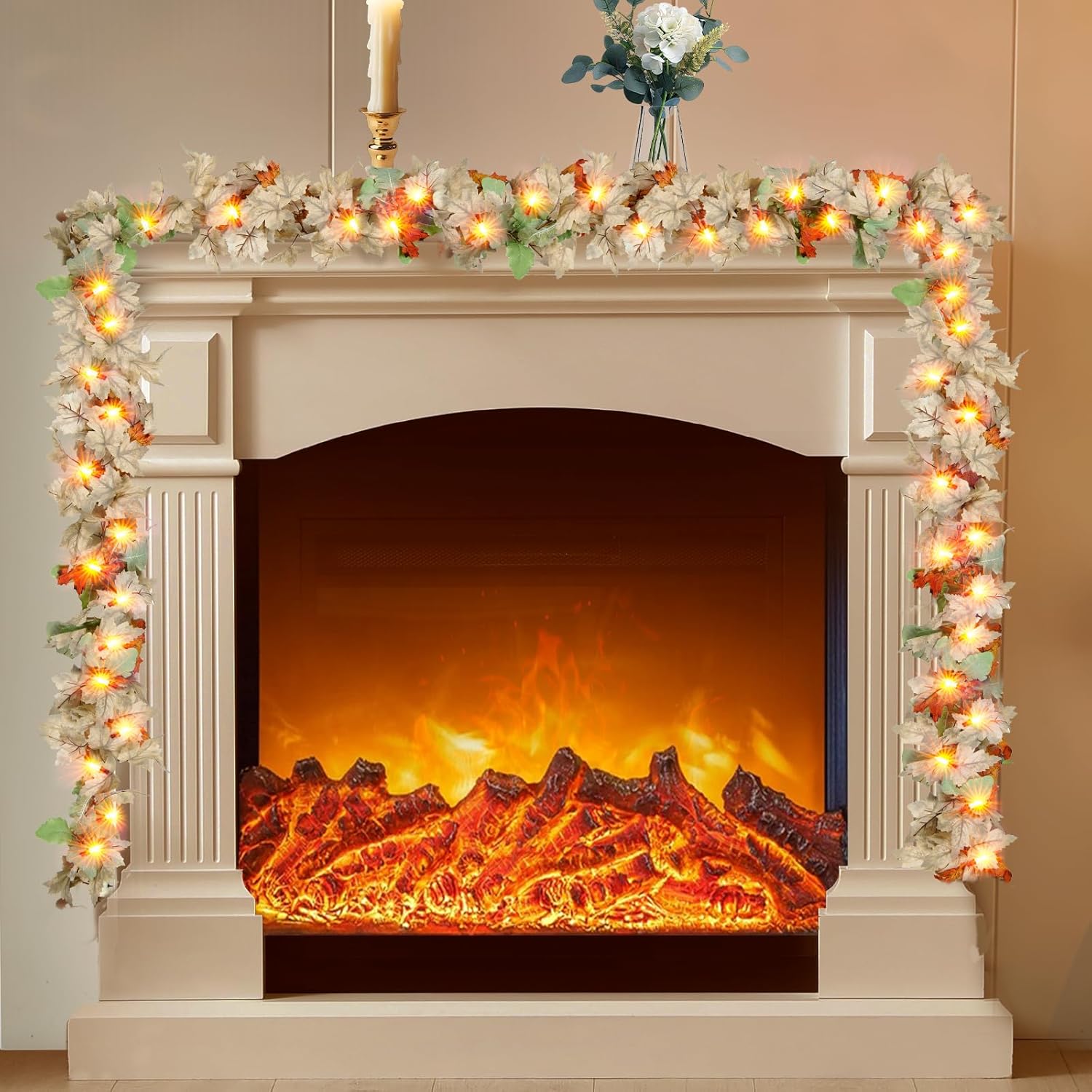 9Ft Fall Garland with Lights for Home Decor and Thanksgiving
