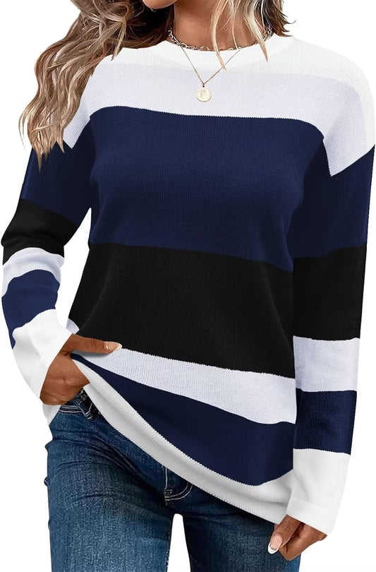 Cute Striped Sweaters for Women - Cozy Crew Neck Pullover