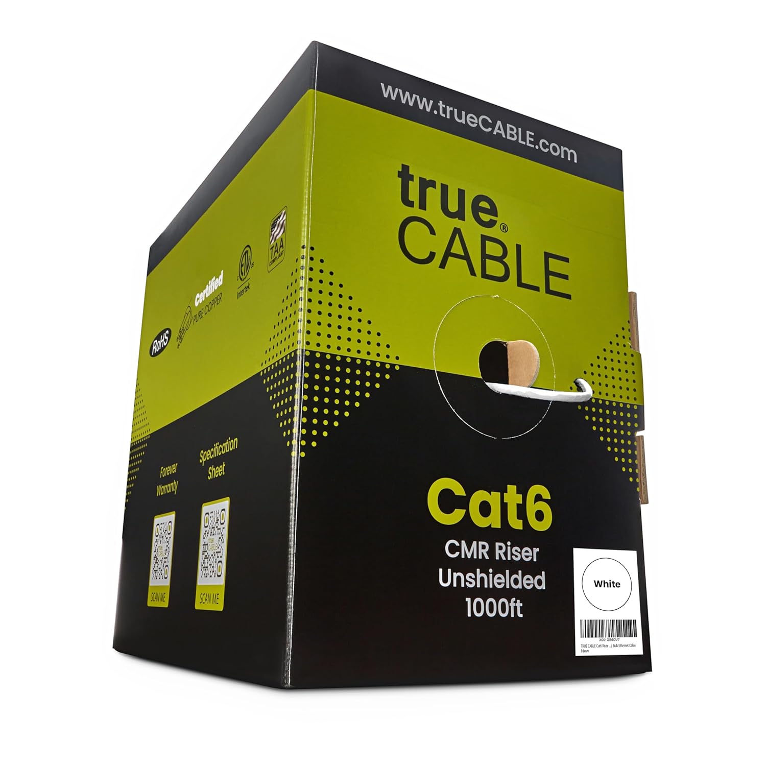 TRUE CABLE Cat6 Riser, 1000ft White Ethernet - Fast & Reliable!