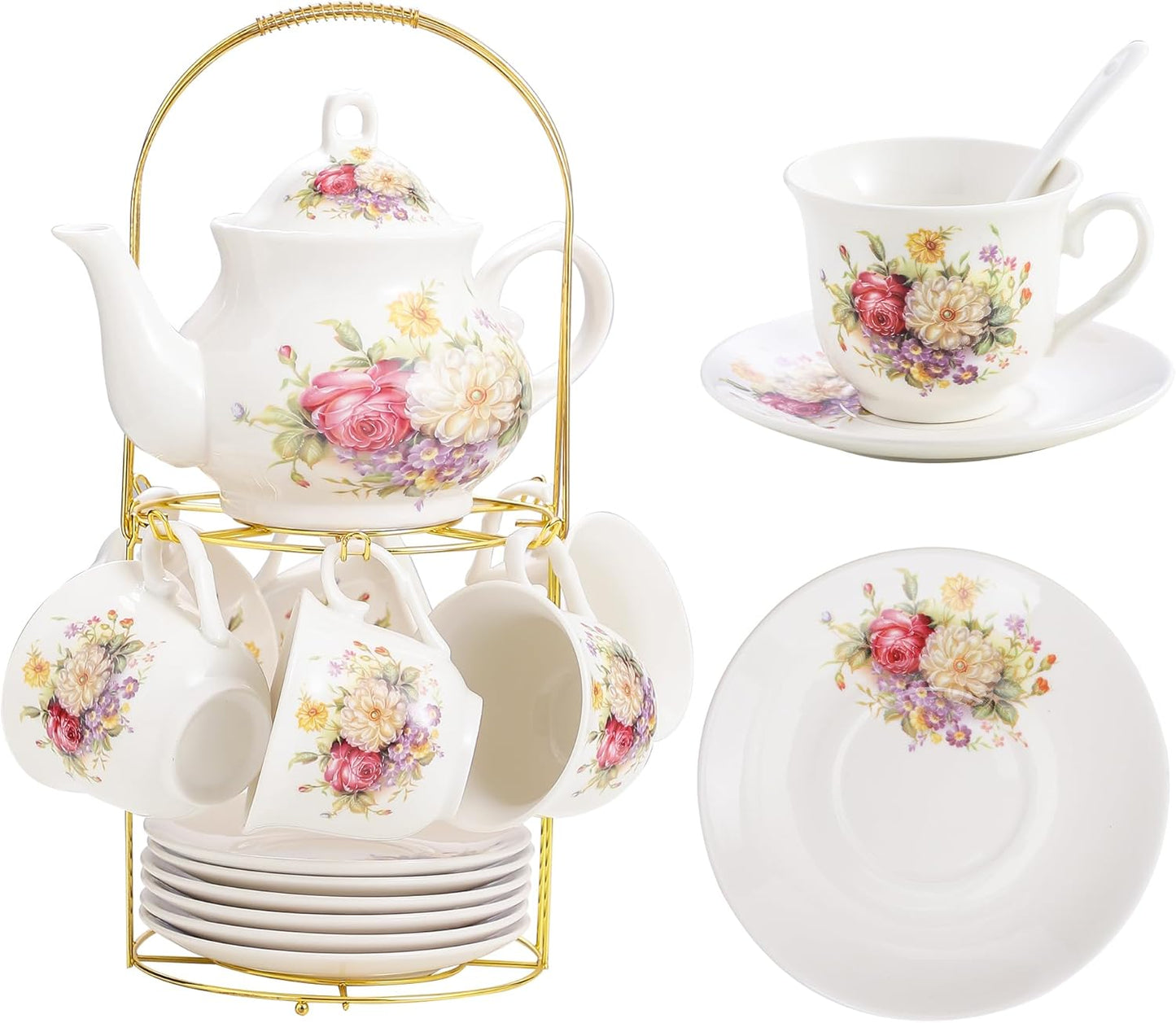 20-Piece Porcelain Tea Set with Golden Rack for Elegant Gatherings