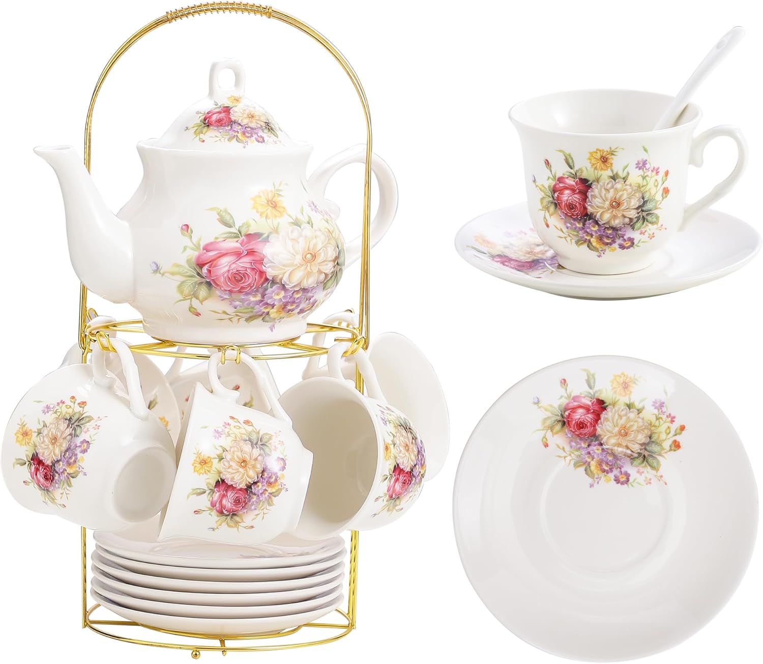 20-Piece Porcelain Tea Set with Golden Rack for Elegant Gatherings