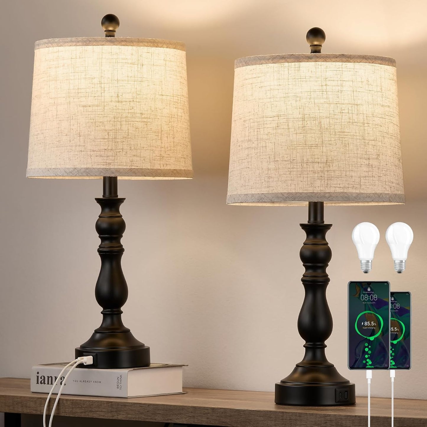 23 Farmhouse Table Lamps Set of 2 with USB Ports and Bulbs