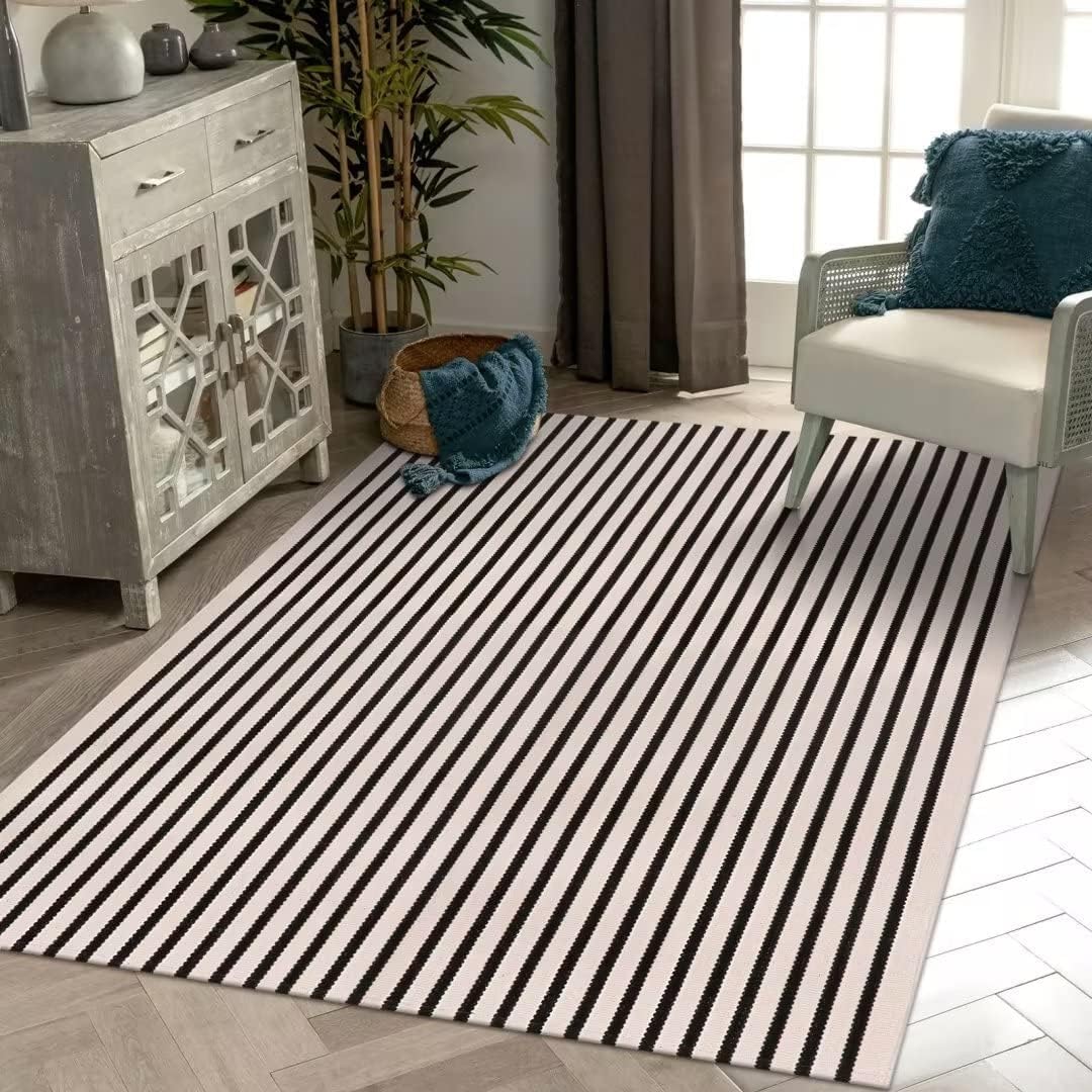 LEEVAN Washable Area Rug - Black & White Striped Design for Home