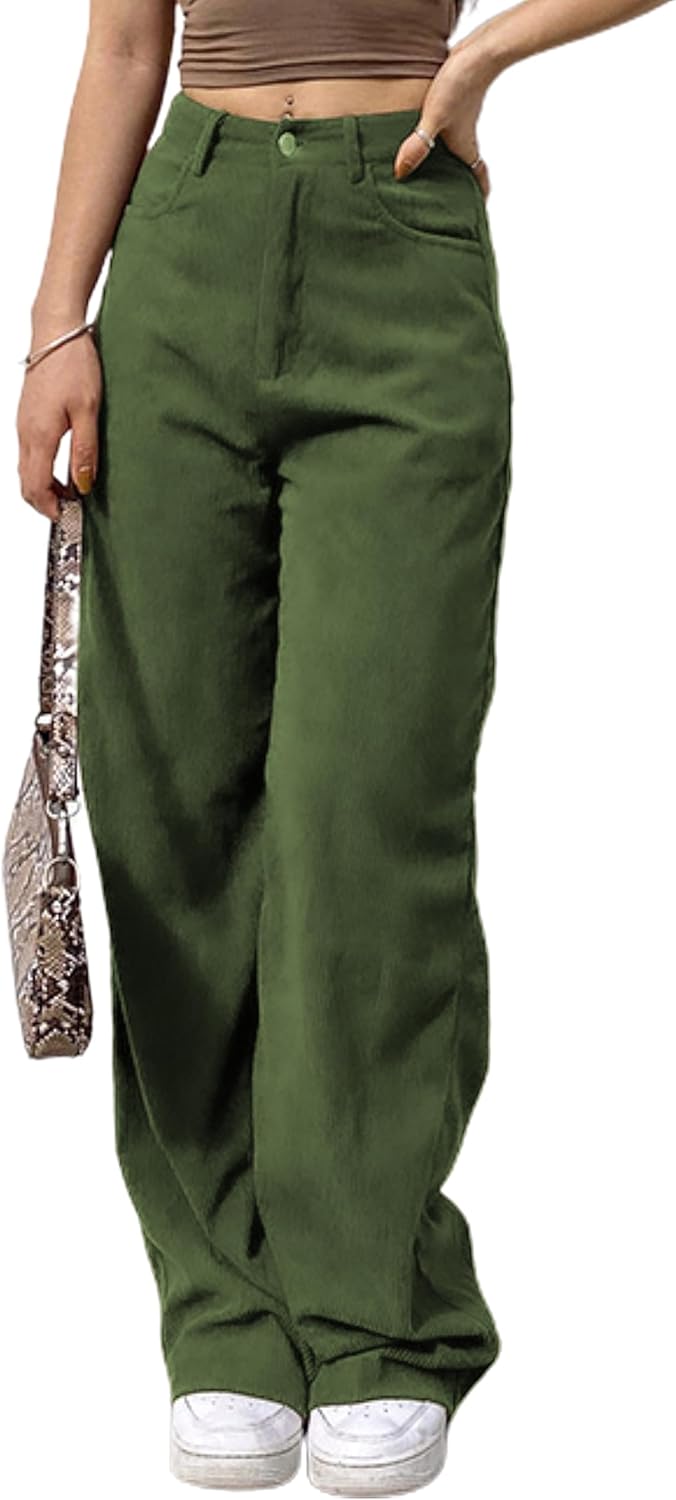 SCUSTY Women's Vintage Corduroy High Elastic Waist Wide Leg Pants