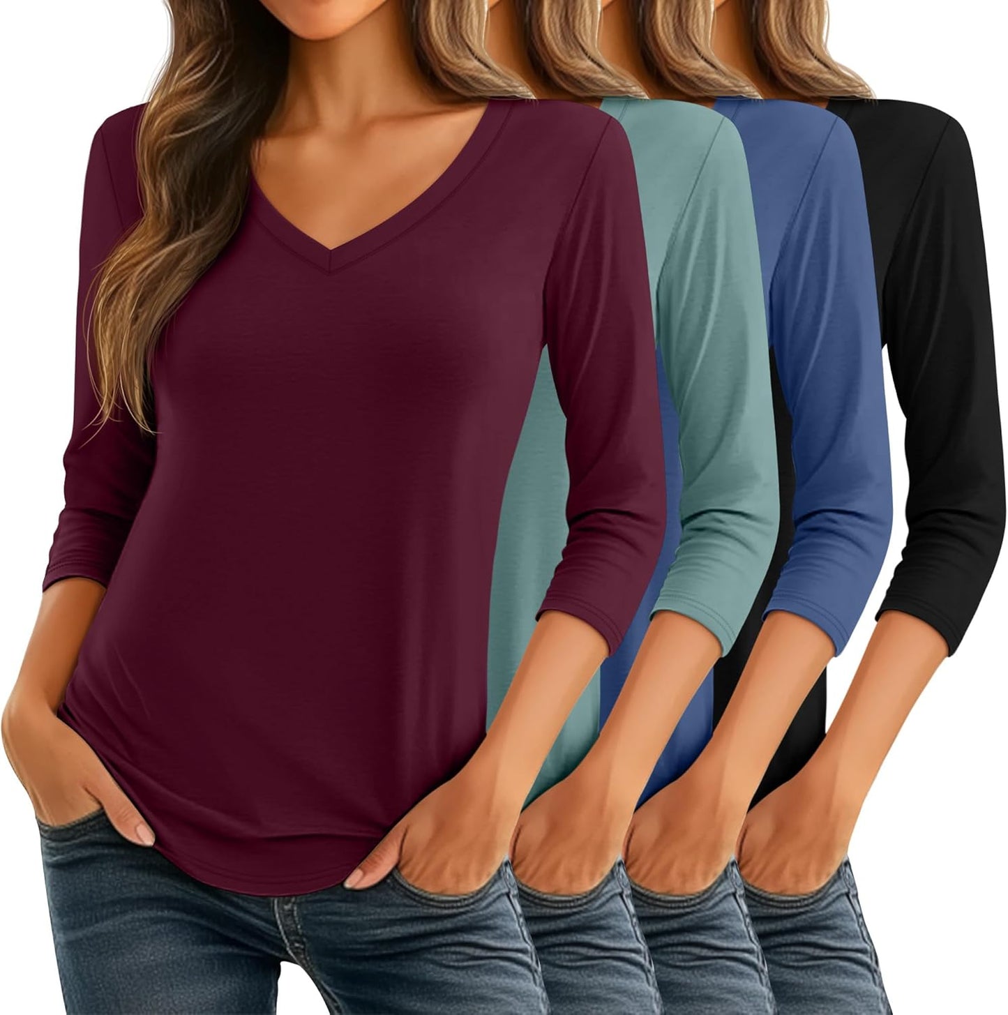 Ficerd Women's 3/4 Sleeve V Neck Casual Tunic Tops - 4 Pack