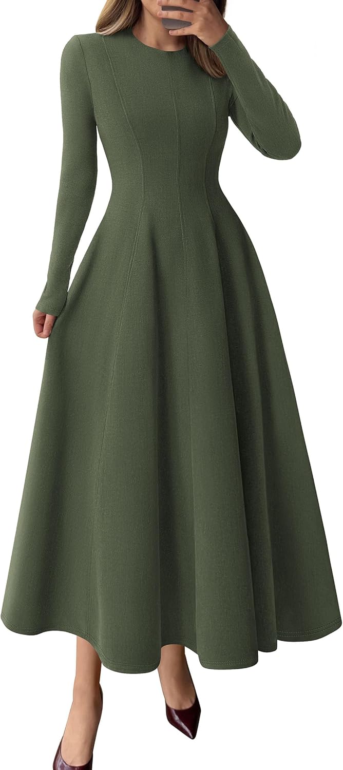 Elegant Classy Fall Long Sleeve Midi A Line Flowy Dress