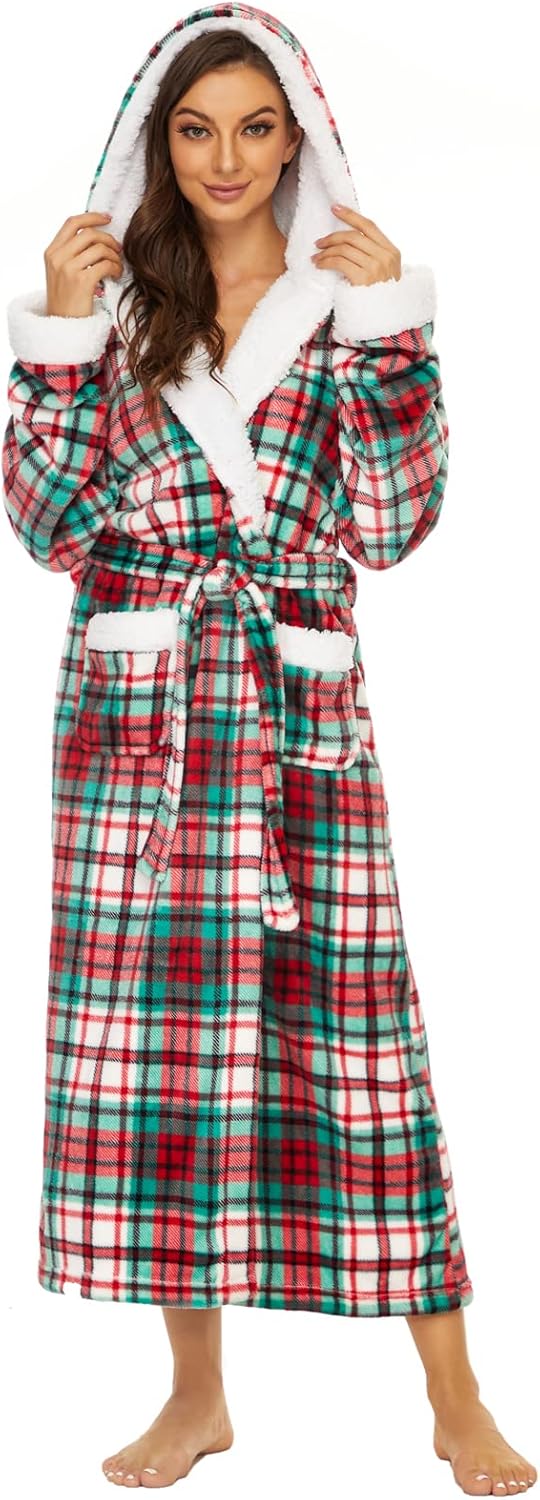 Iniber Plush Robes for Women - Soft Warm Fleece Hooded Bathrobe