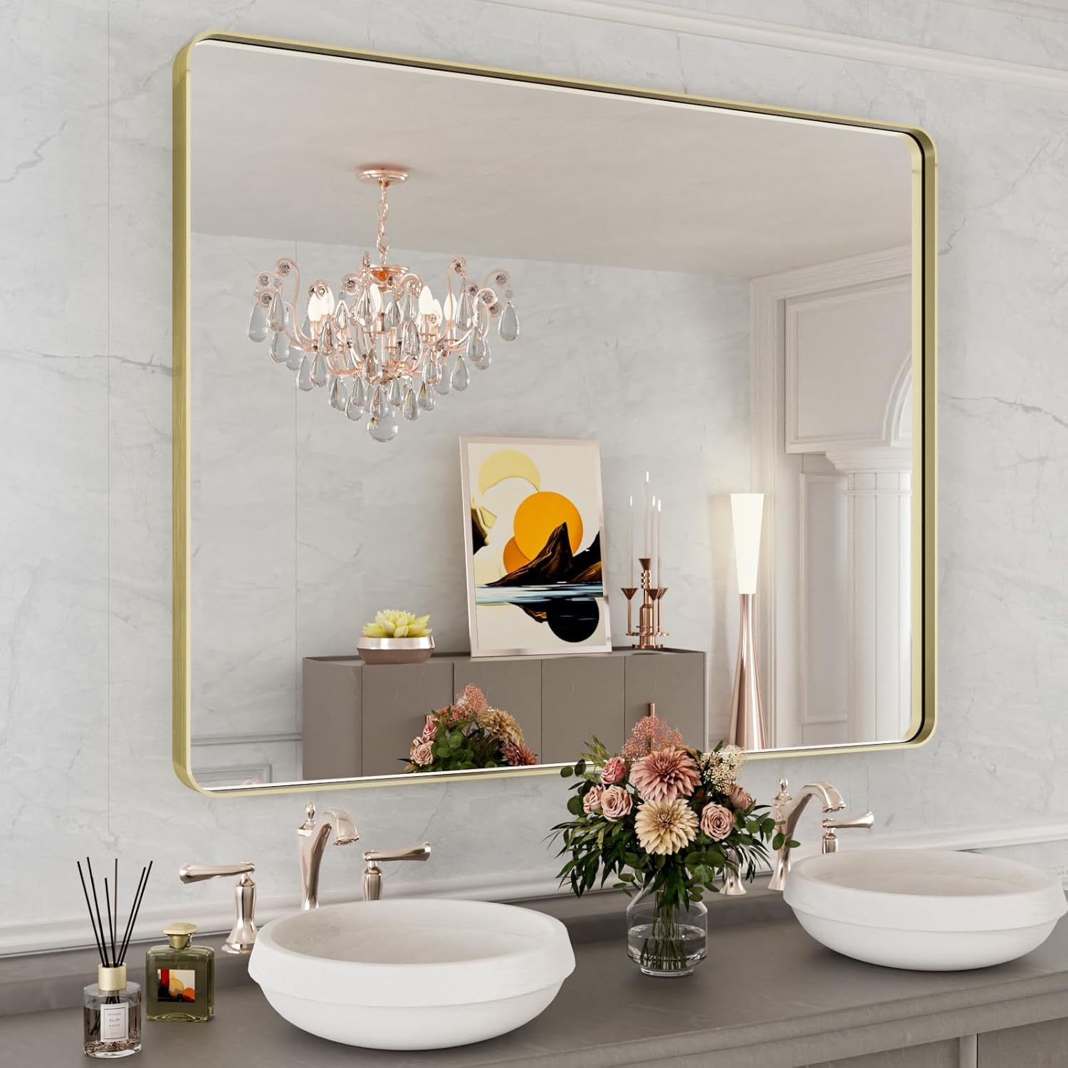 WEER Gold Bathroom Mirror with Durable Brushed Metal Frame