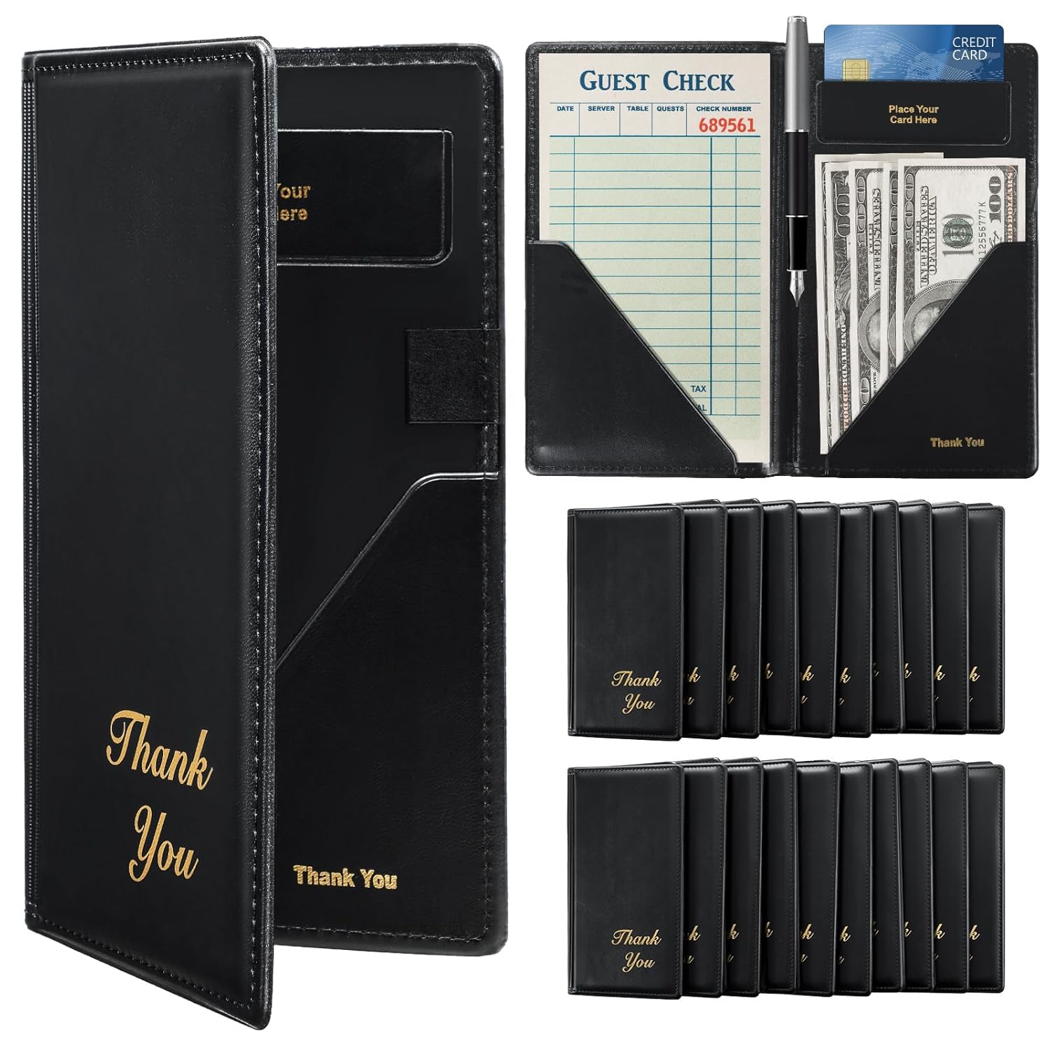 Restaurant Check Presenters for Servers - 20 Pack with Gold Imprint