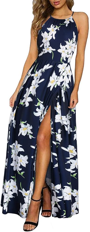 KILIG Women's Summer Maxi Dress with Floral Halter Neck Design
