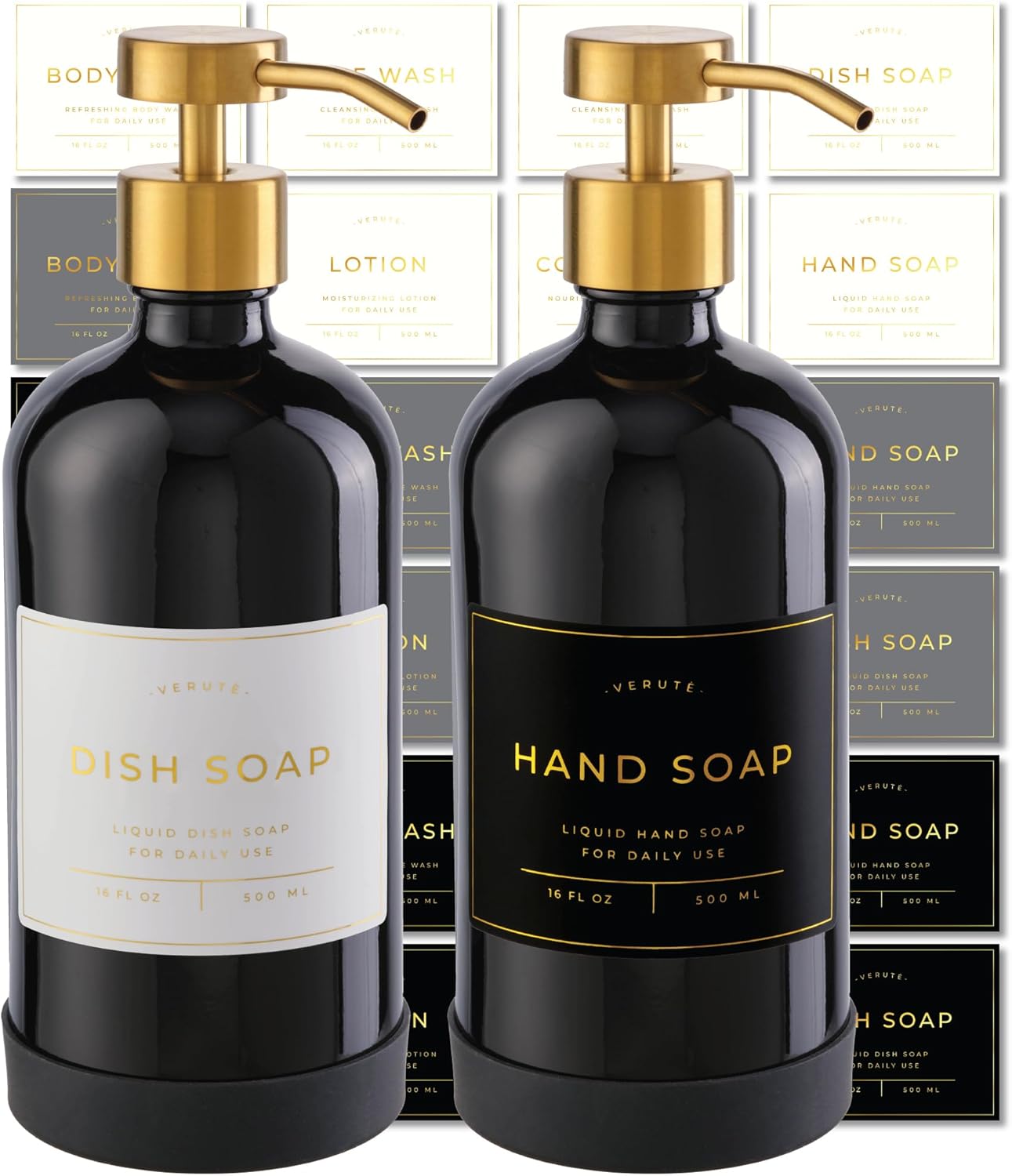 16oz Glass Soap Dispenser Set with Stylish Pump and Labels
