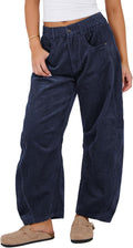 Corduroy Pants Barrel Mid-Rise Elastic Waist - Casual Wide Leg