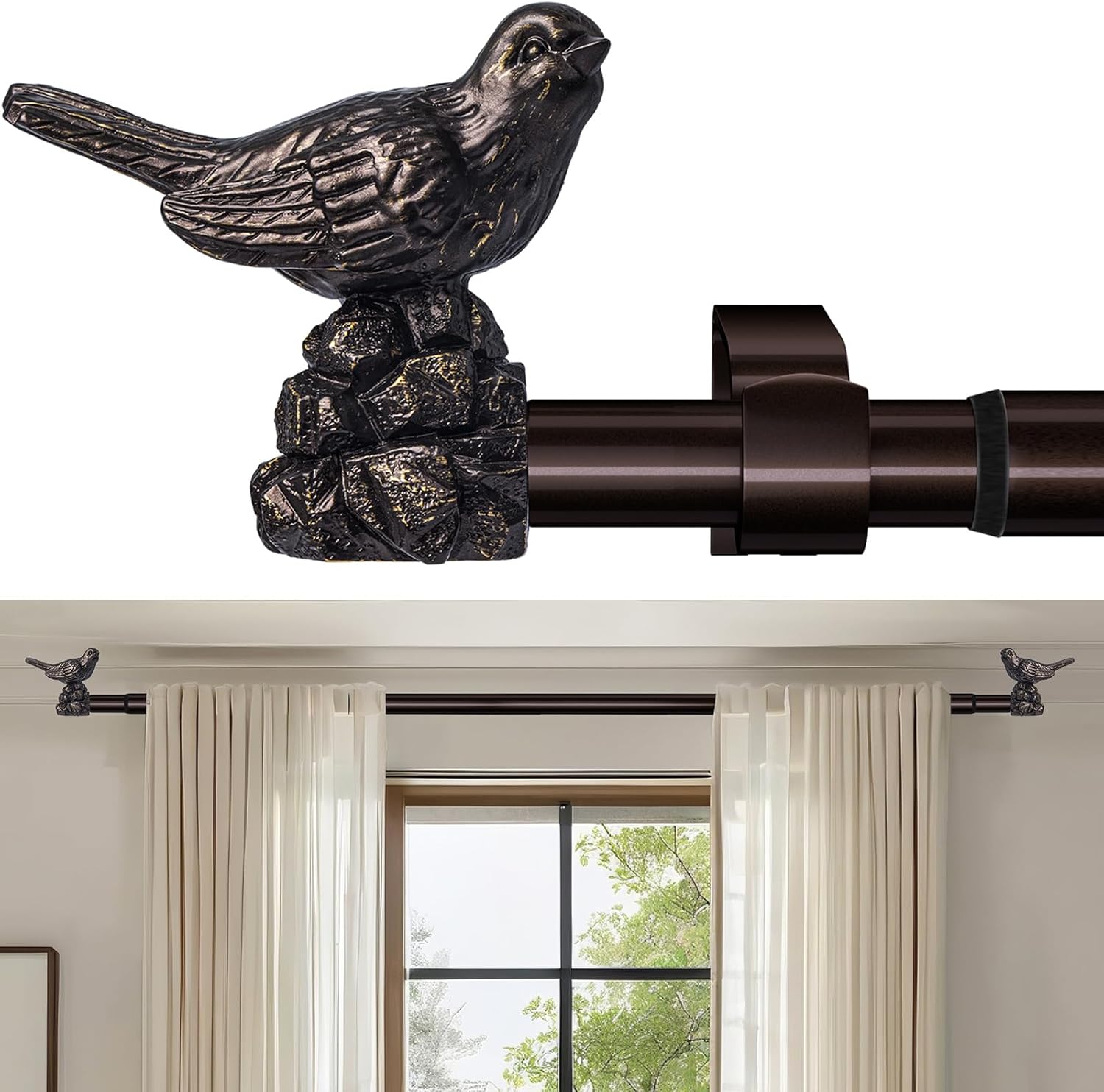 Vintage Oil Bronze Curtain Rods for Windows with Bird Finials