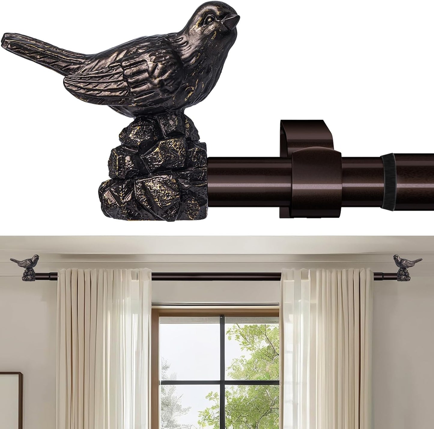 Vintage Oil Bronze Curtain Rods with Bird Finials for Windows