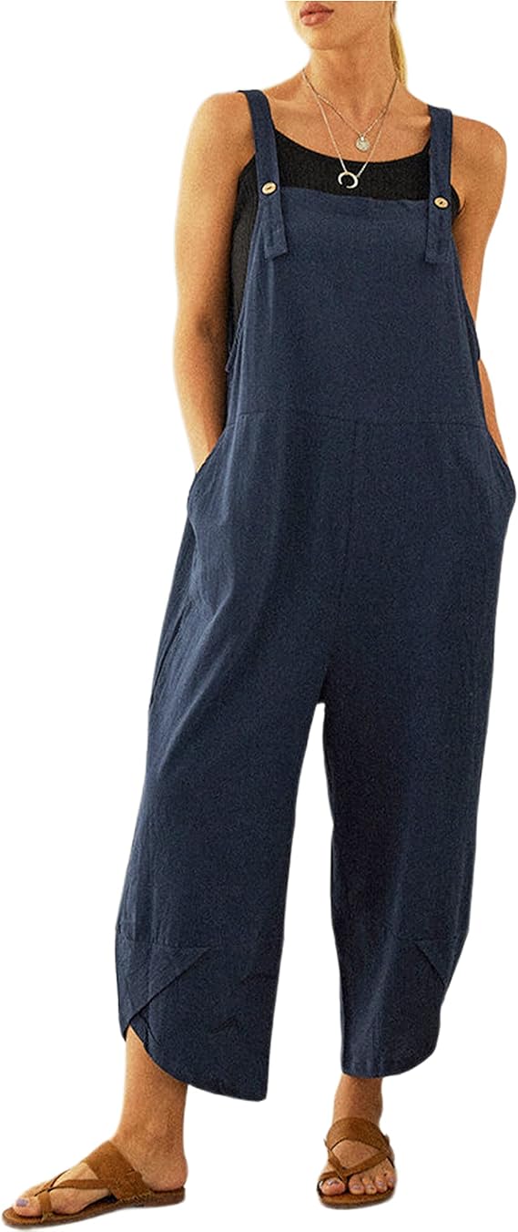 Qiaomai Womens Summer Sleeveless Cotton Linen Overalls Jumpsuit