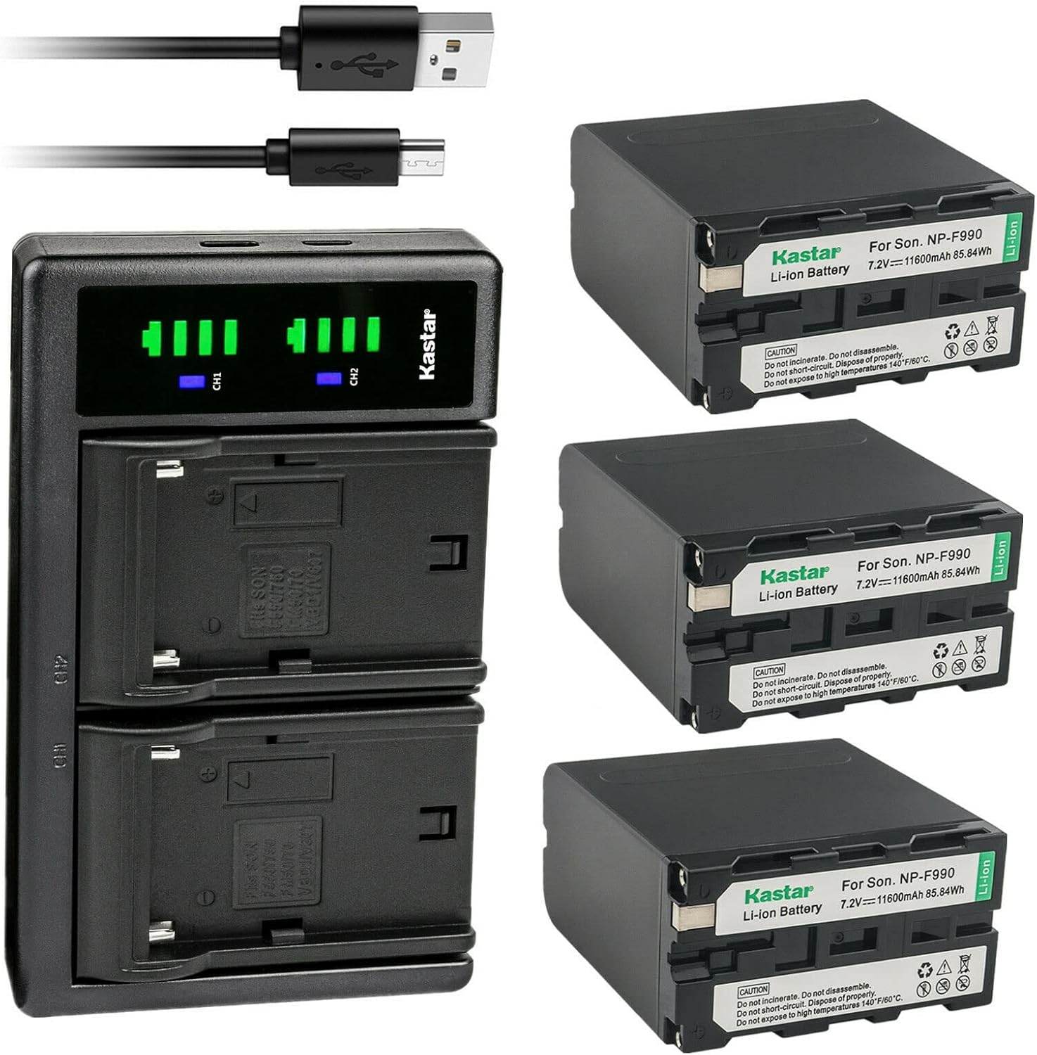 Kastar NP-F990 Battery 3-Pack with USB Charger for Sony Camcorders