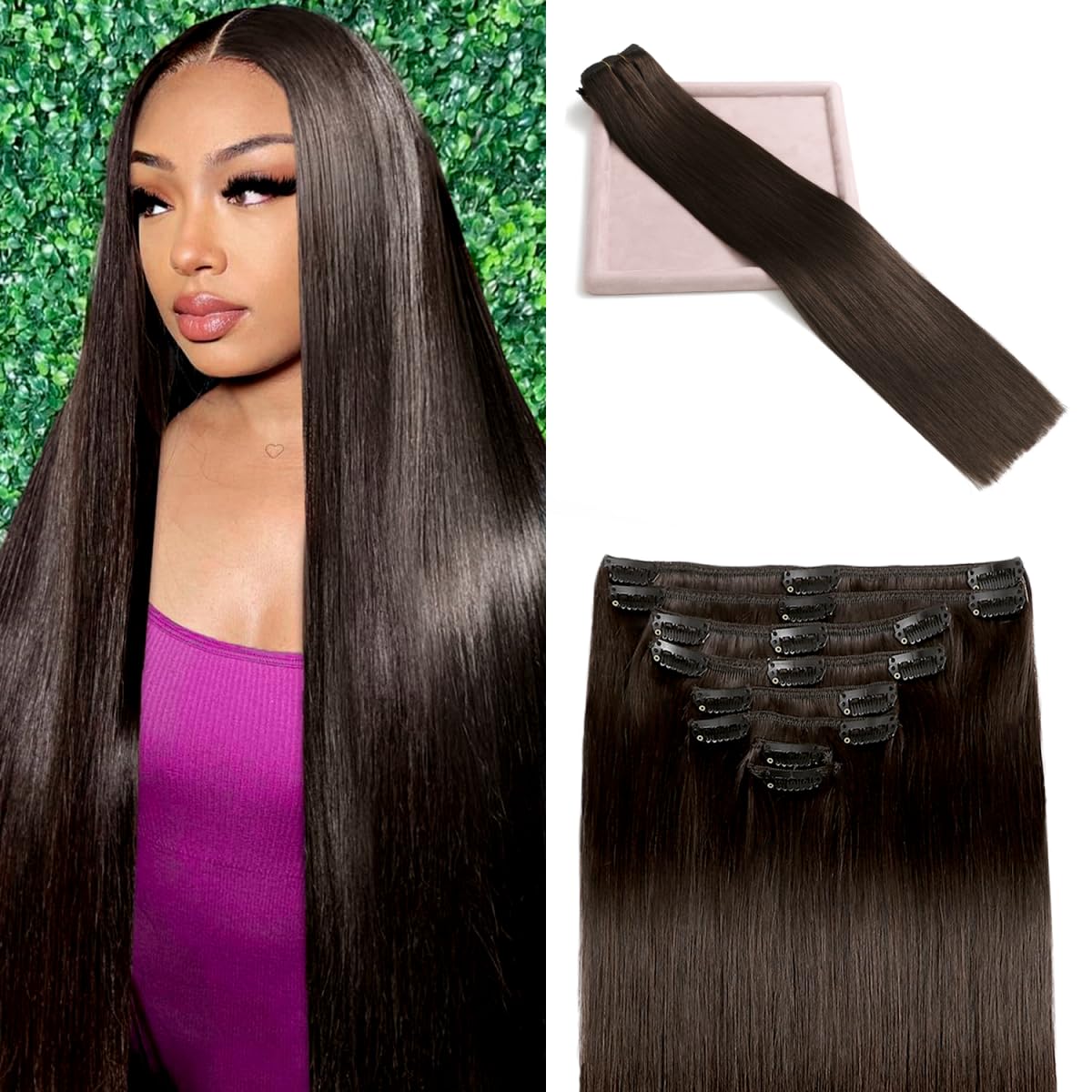 Clip in Hair Extensions Real Human Hair for Women, 14in #2 Dark Brown