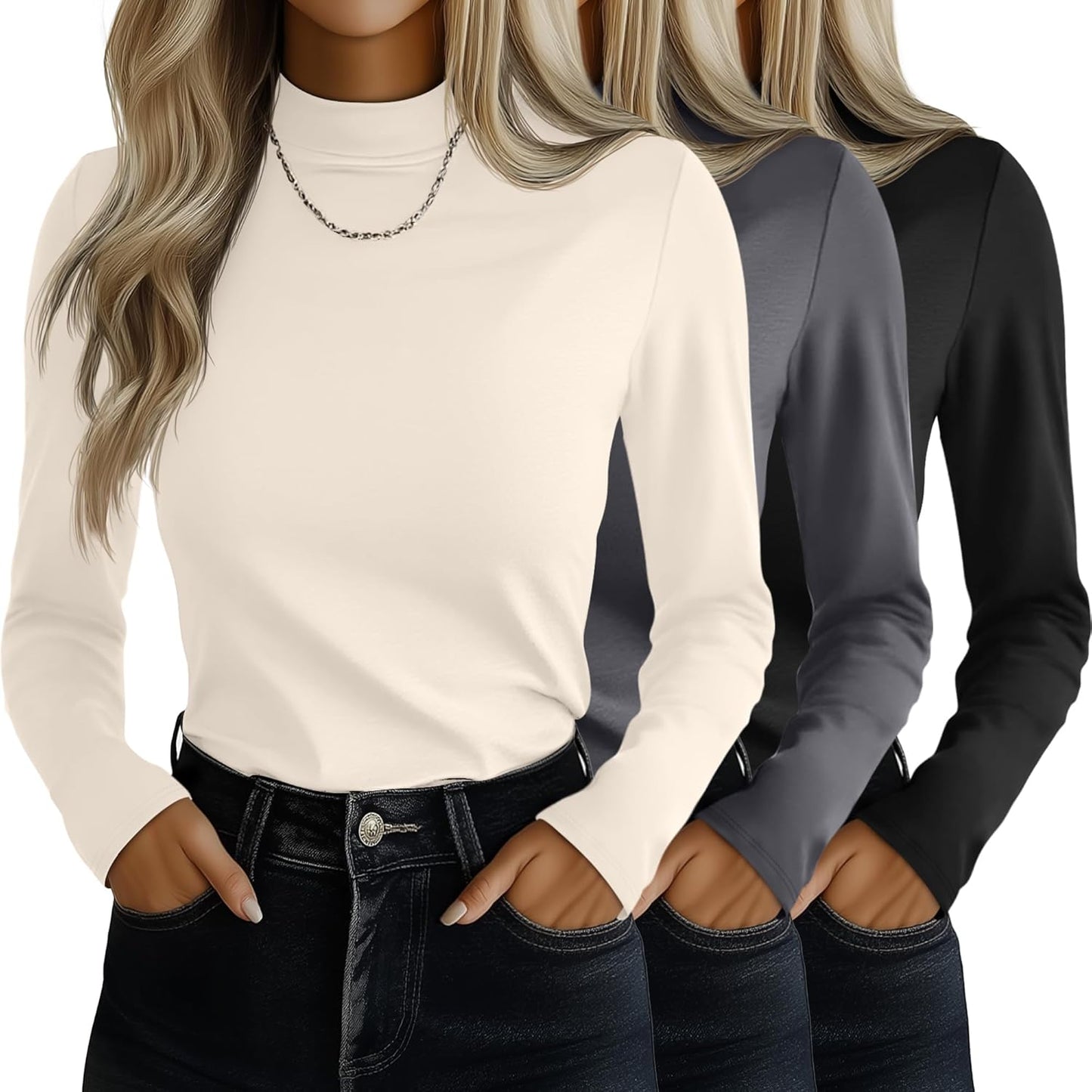 Women's Mock Turtleneck Shirts 3 Pack for Stylish Layering