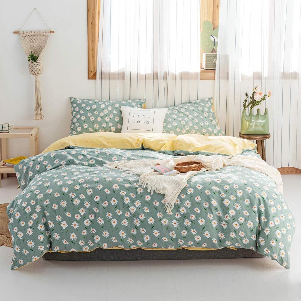 Daisy Green Floral Duvet Cover Set for Twin Size Bedding