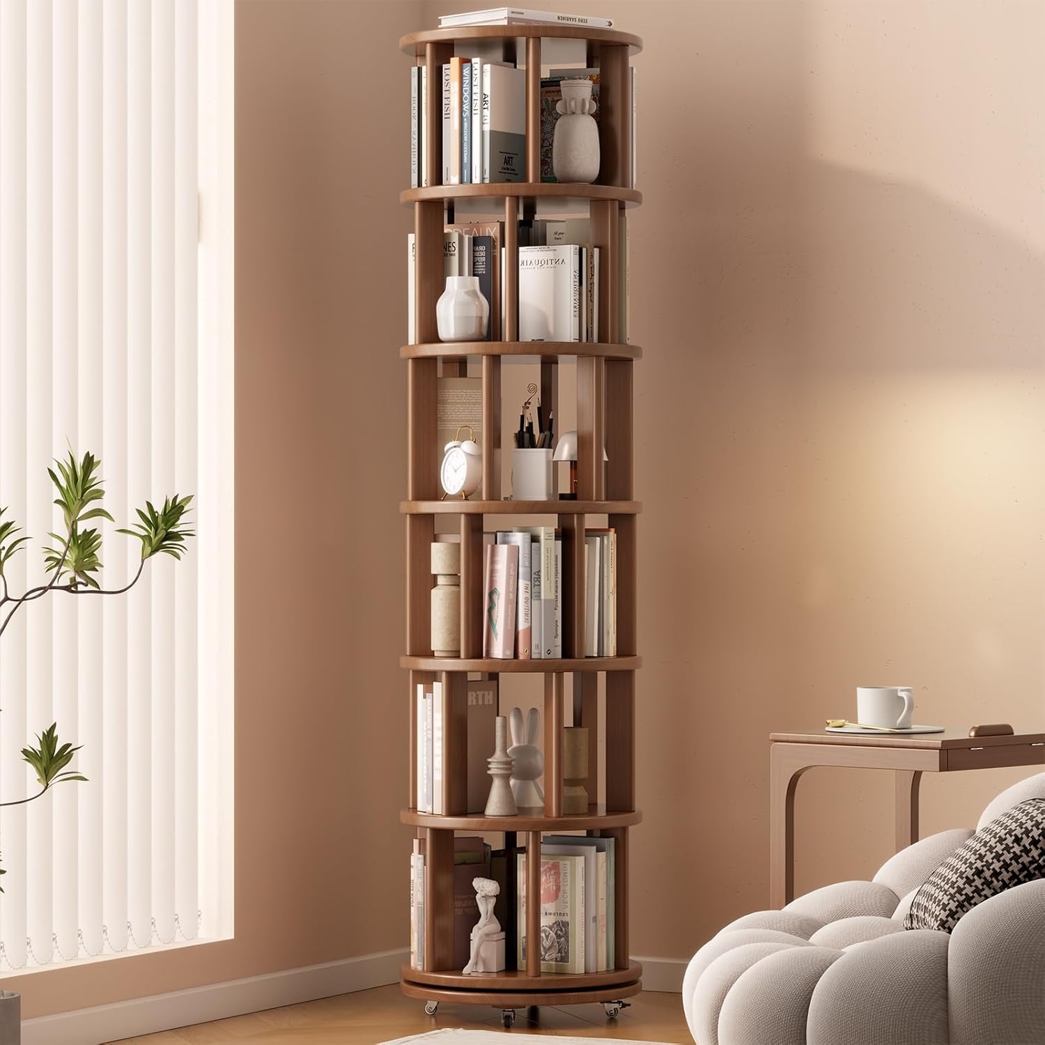 Solid Wood Rotating Bookshelf on Wheels for Small Spaces