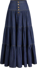 CIDER Long Jean Denim Tiered Button Down High Waisted Maxi Skirt