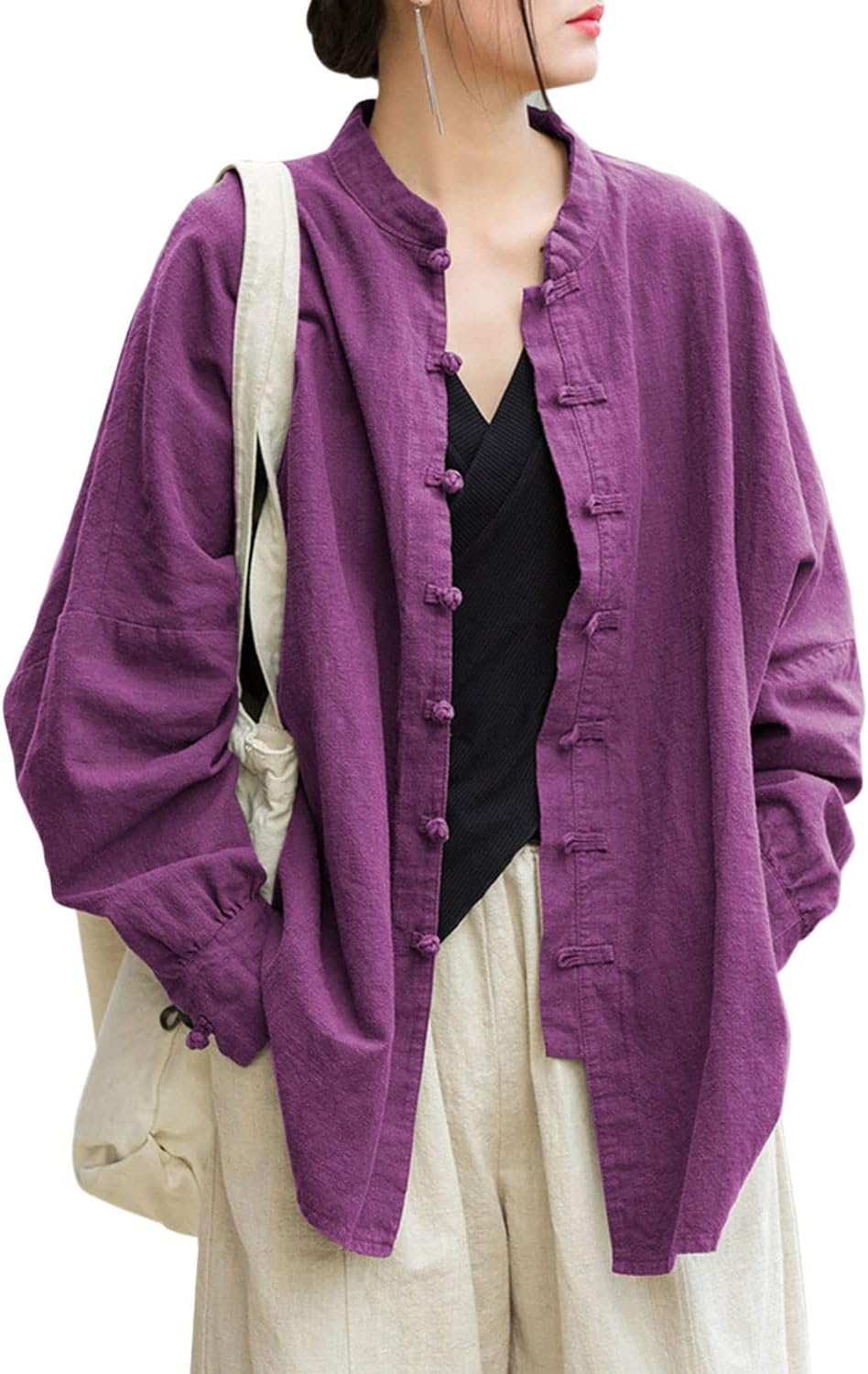 Women's Linen Oversized Blouses Vintage Long Sleeve Jackets