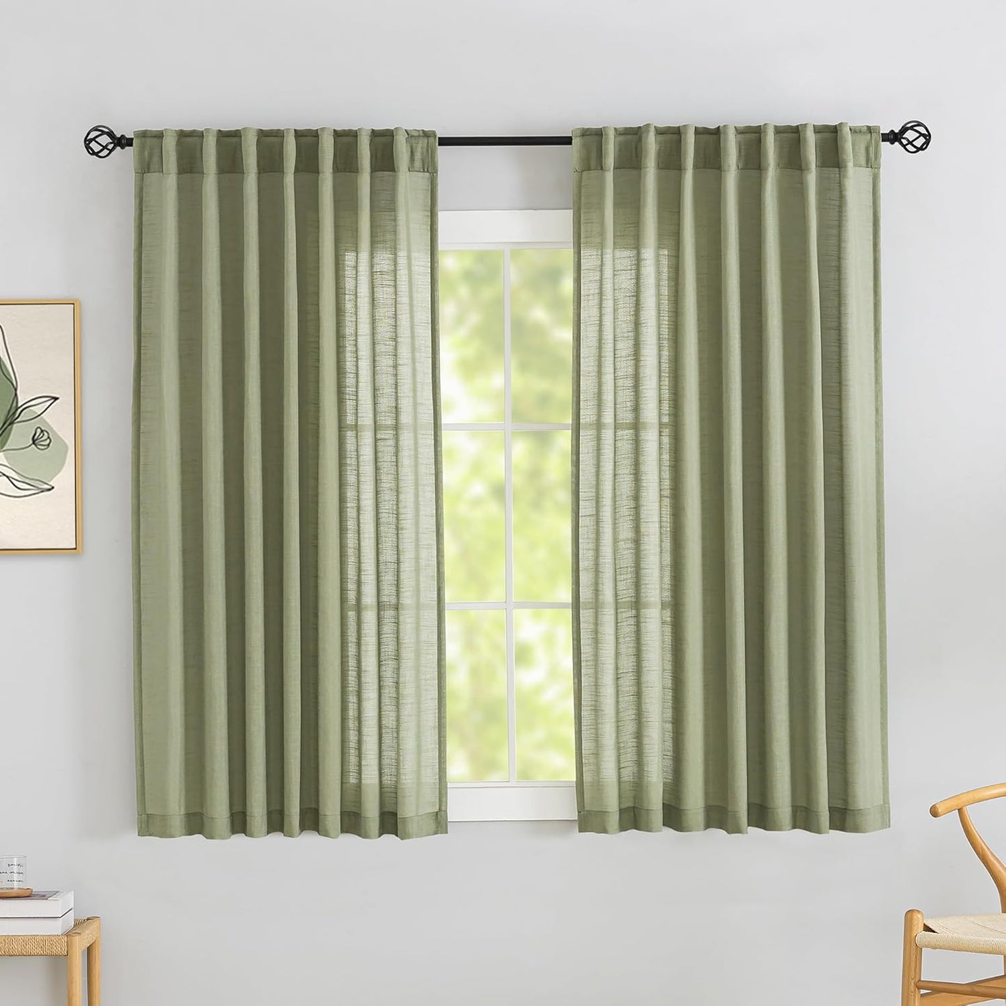 DONREN Sage Green Linen Back Tab Curtains for Modern Country Decor