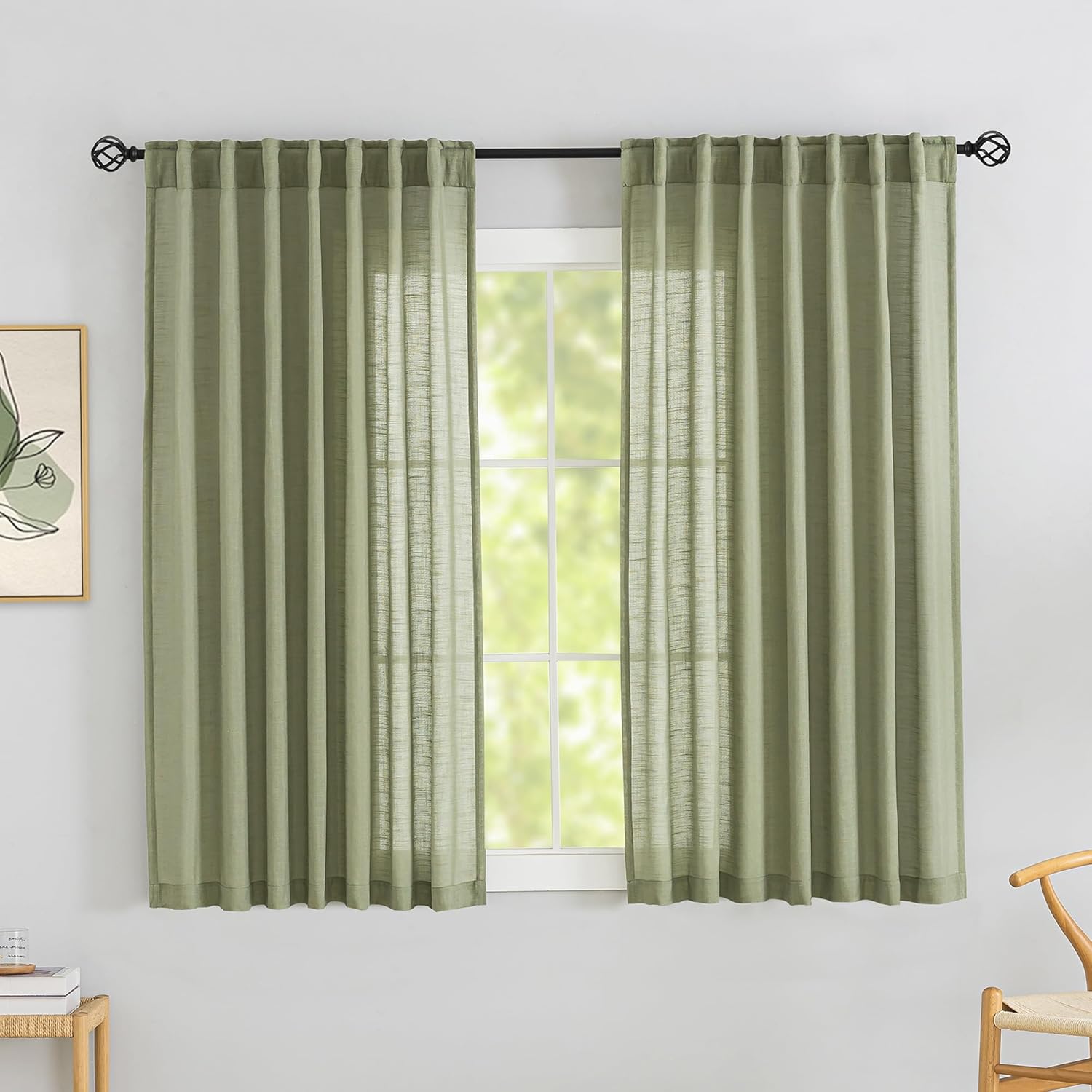 DONREN Sage Green Linen Back Tab Curtains for Modern Country Decor