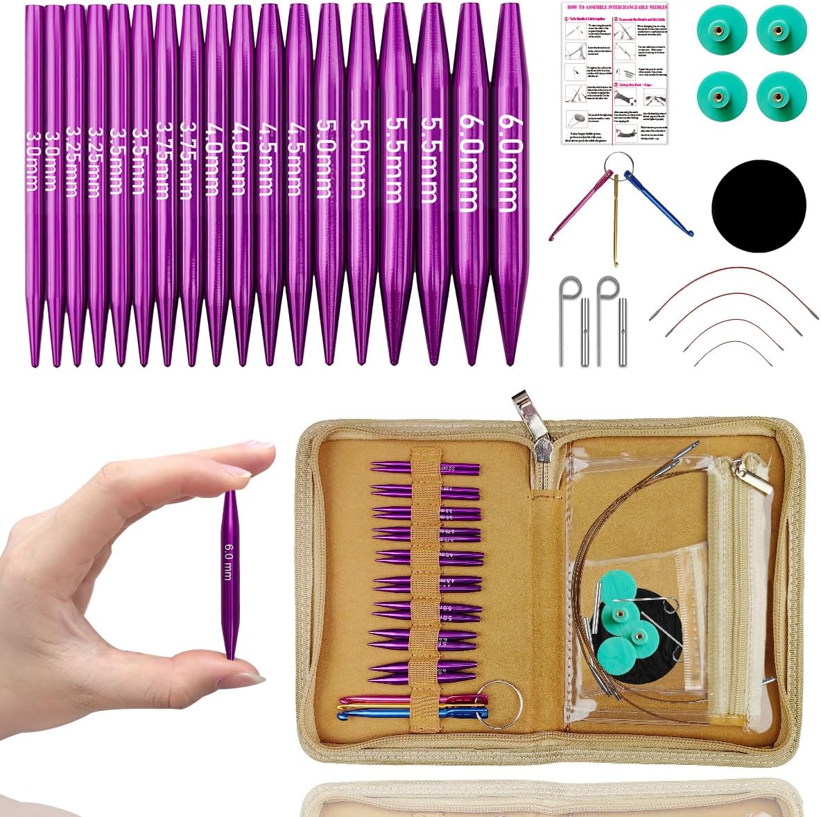 Lewhoo Circular Knitting Needles Set with 9 Pairs and Cables