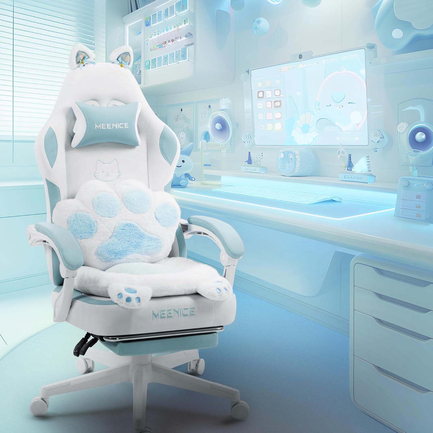 Gaming Chair Cute with Cat Ears and Lumbar Cushion for Comfort